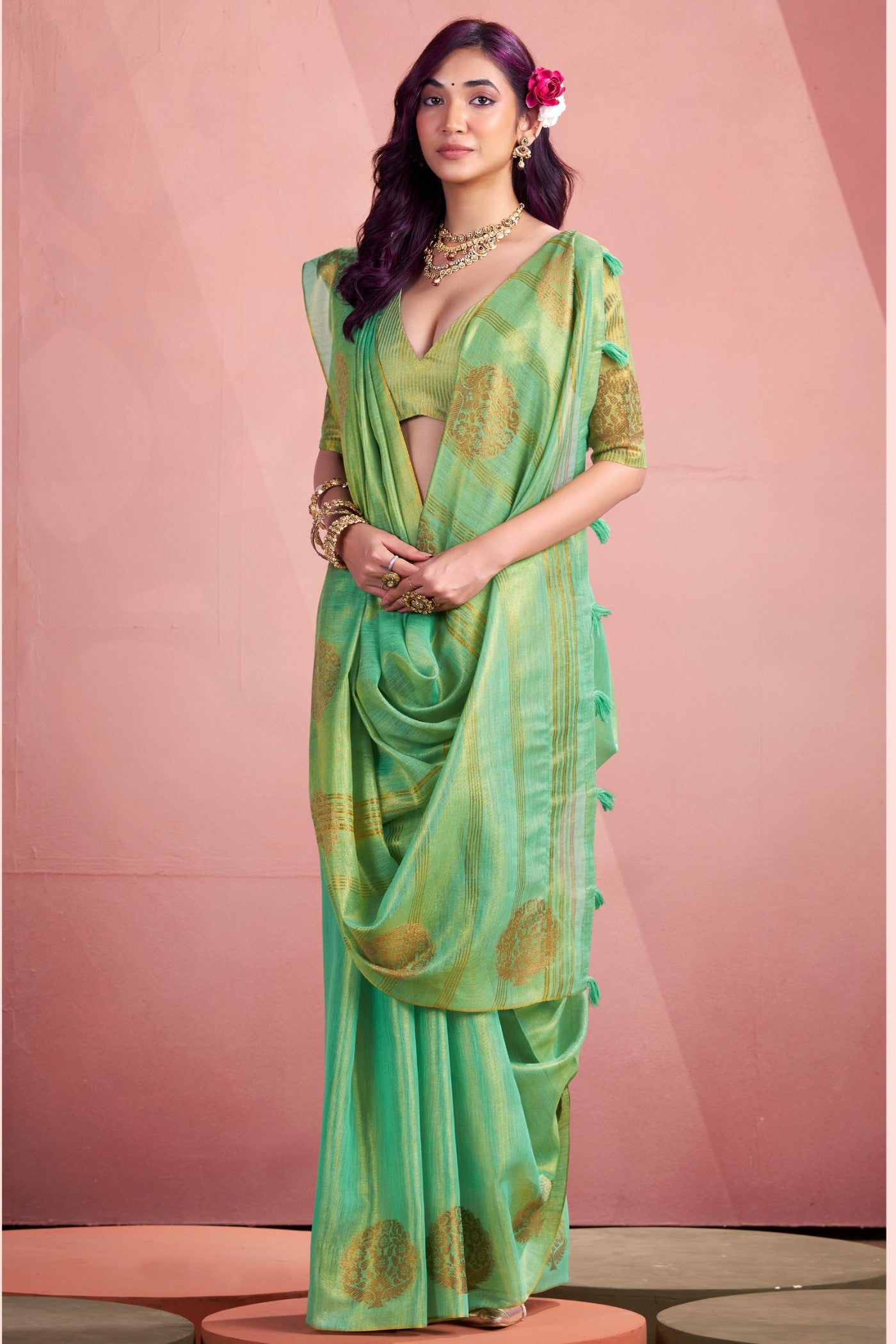 Buy MySilkLove Chalet Green Zari Woven Tissue Saree Online