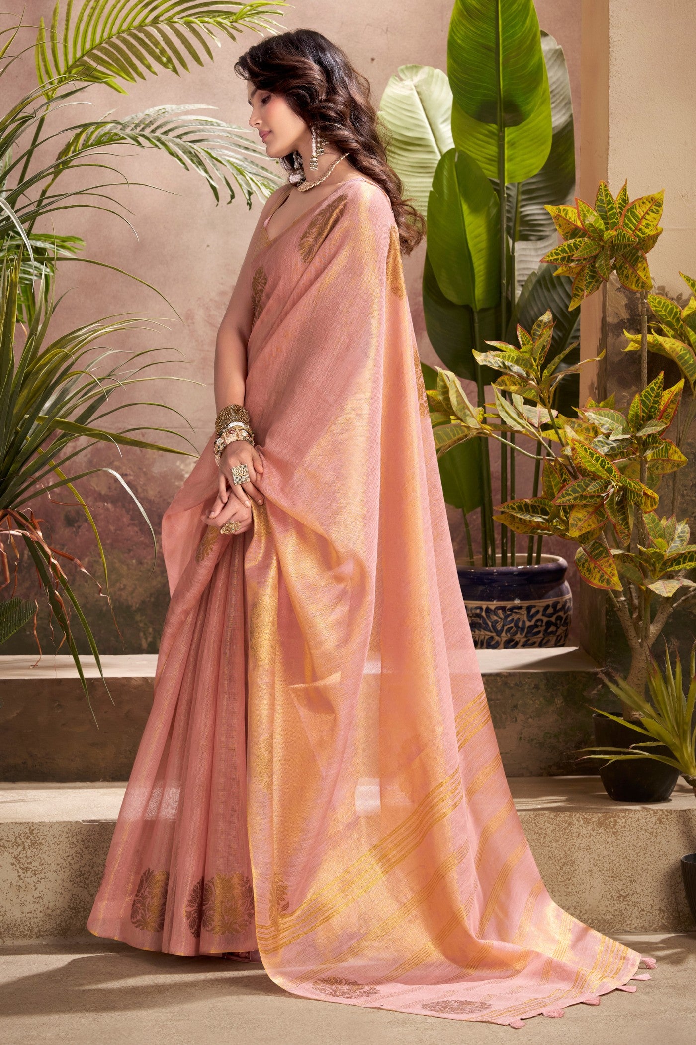 Buy MySilkLove Pastel Peach Woven Tissue Saree Online