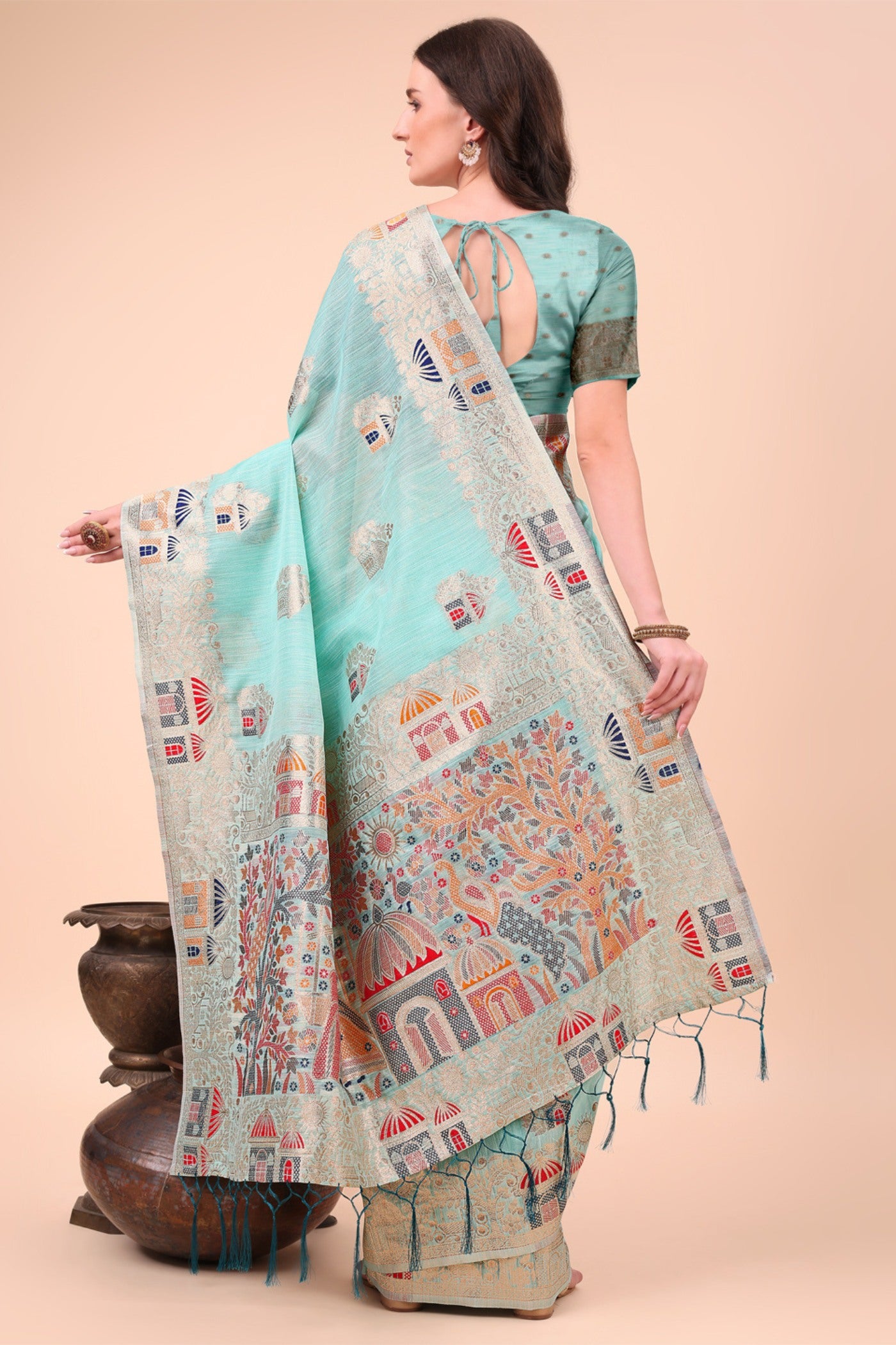 Buy MySilkLove Celeste Blue Linen Cotton Saree Online
