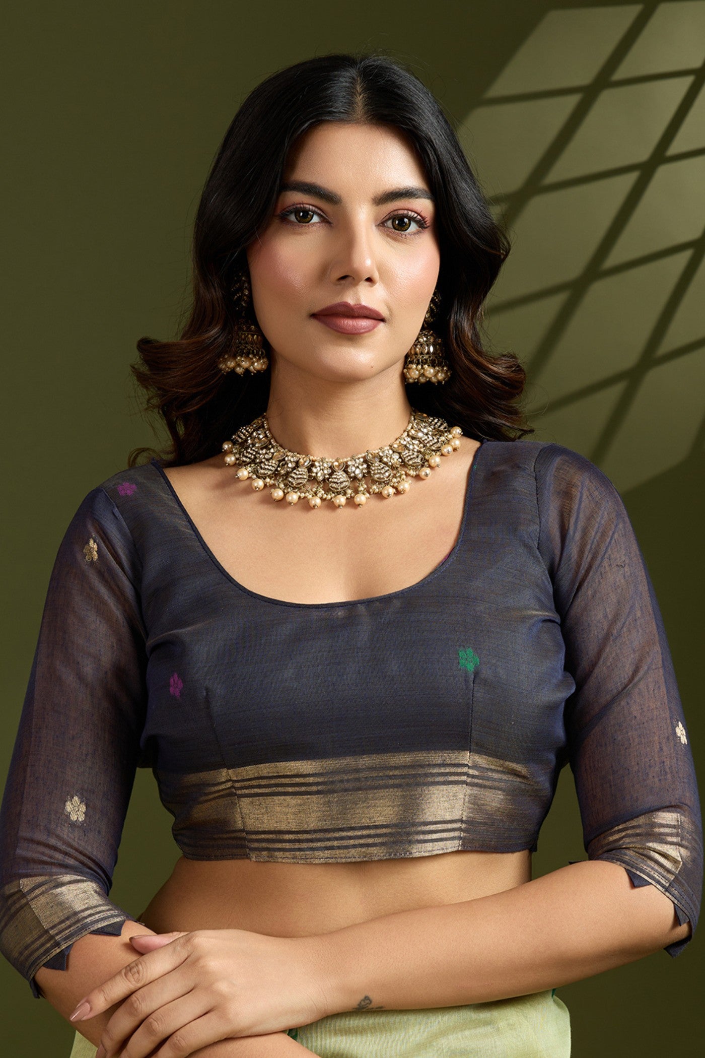 Buy MySilkLove Pear Green Woven Muga Cotton Paithani Saree Online