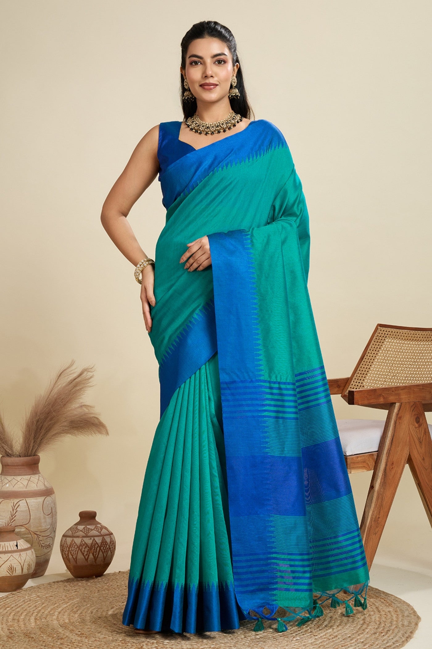 Buy MySilkLove Teal Green Woven Raw Silk Saree Online