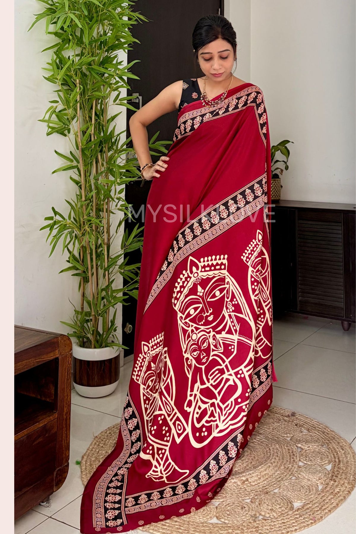 Buy MySilkLove Velvet Maroon Modal Ajrakh Satin Printed Silk Saree Online