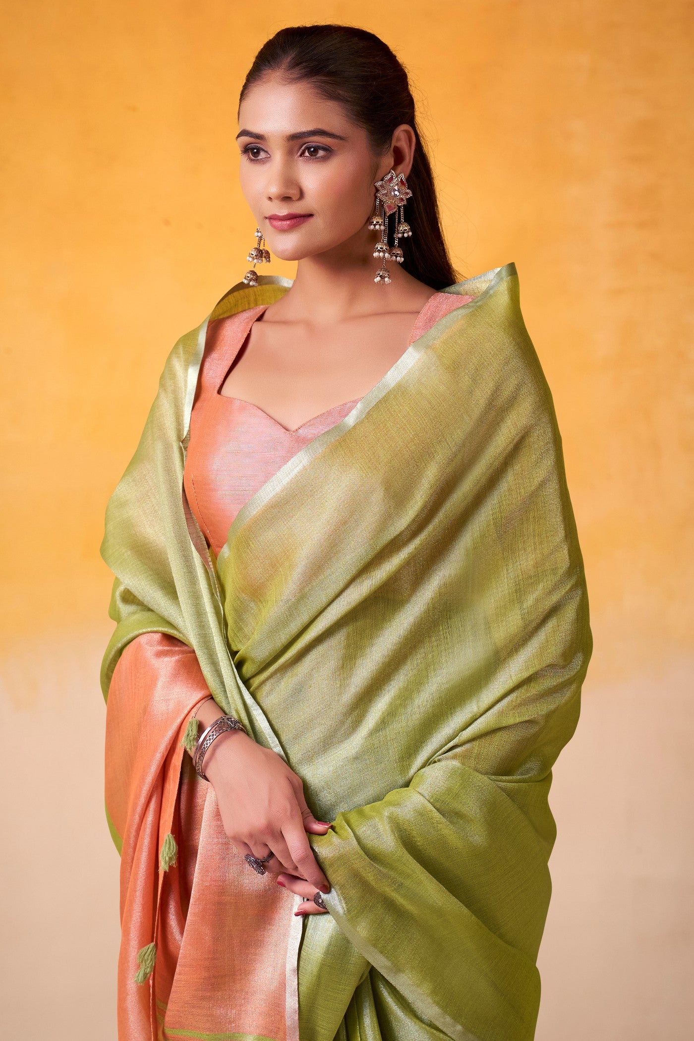 Buy MySilkLove Tea Green and Orange Woven Tissue Silk Saree Online