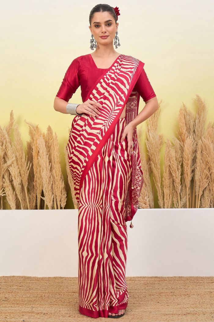 Buy MySilkLove Wine Red Modal Ajrakh Satin Printed Silk Saree Online