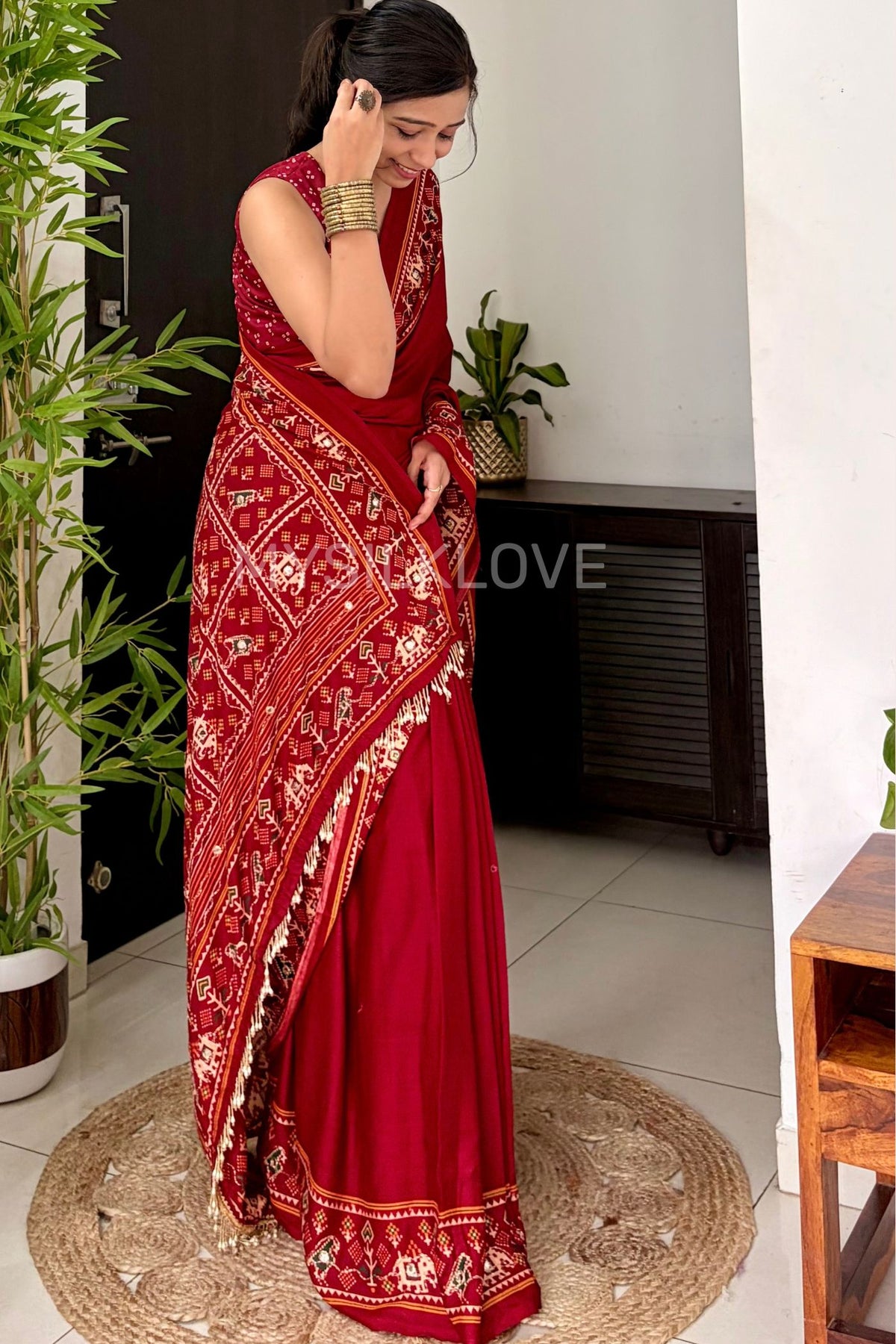 Buy MySilkLove Vermilion Red Patola Pallu Embroidery Mirror Work Modal Soft Silk Saree Online