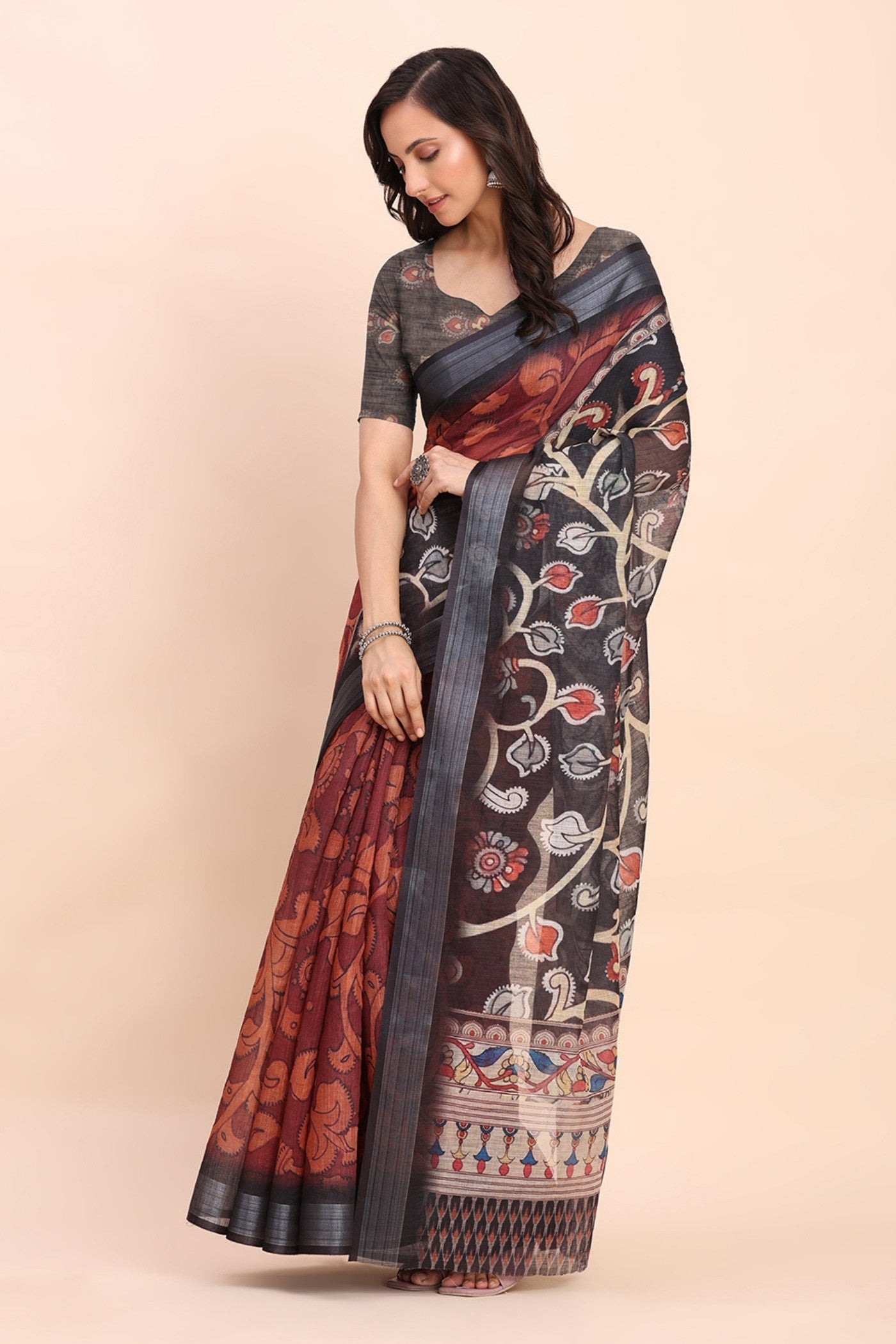 Buy MySilkLove Brick Red Woven Linen Cotton Saree Online