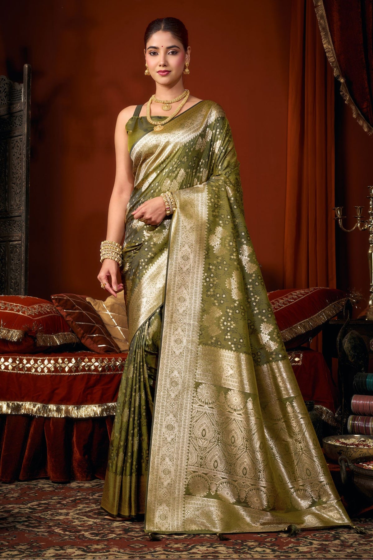 Buy MySilkLove Avocado Green Woven Banarasi Jacquard Soft Silk Saree Online