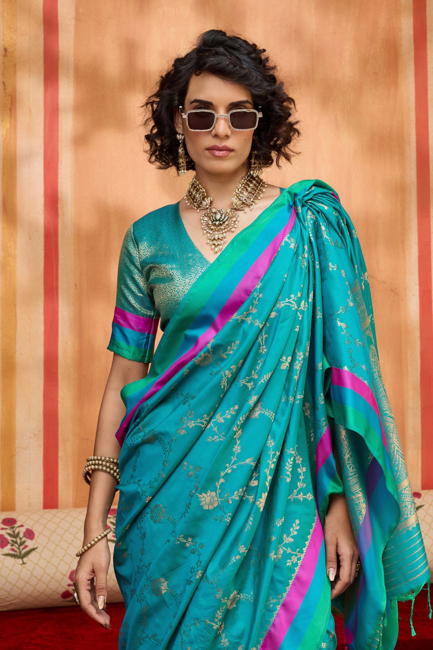 Buy MySilkLove Lagoon Blue Handloom Satin Soft Silk Saree Online