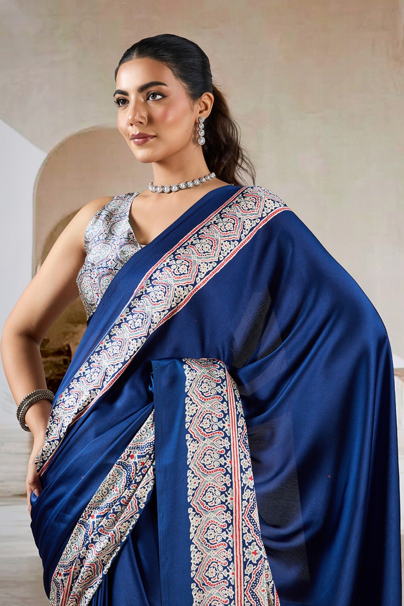MySilkLove Azure Blue Ajrakh Printed Satin Crepe Silk Saree