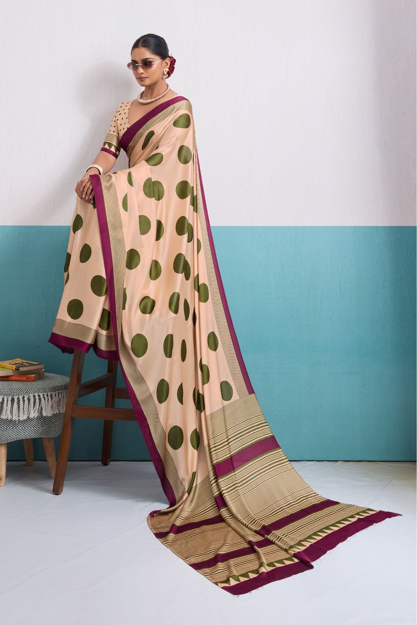 Buy MySilkLove Frosted Cream and Green Polka Dots Satin Crepe Saree Online