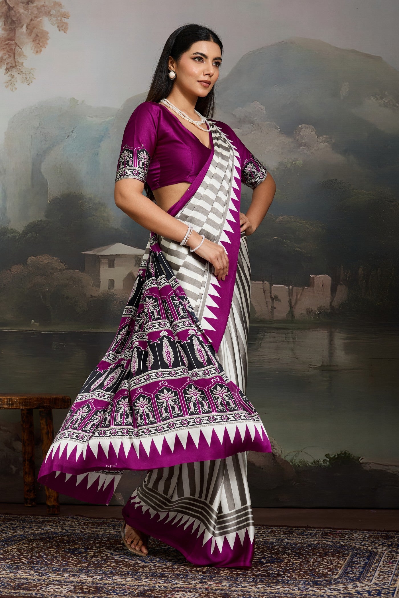Buy MySilkLove Dutch White and Purple Ajrakh Printed Satin Crepe Silk Saree Online