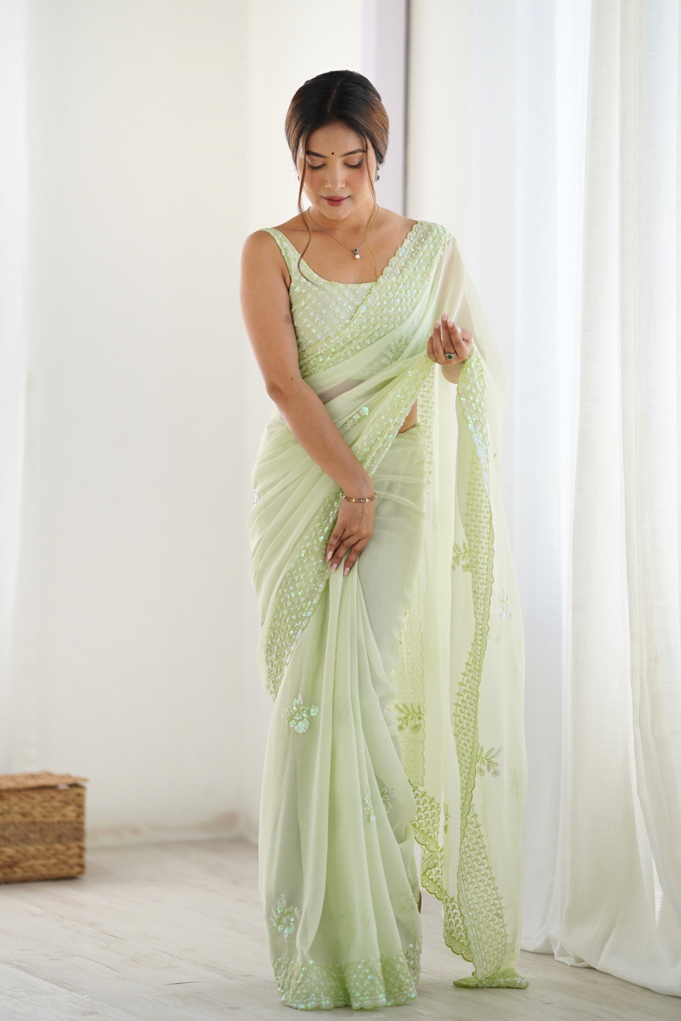 Buy MySilkLove Pista Green Georgette Partywear Saree Online