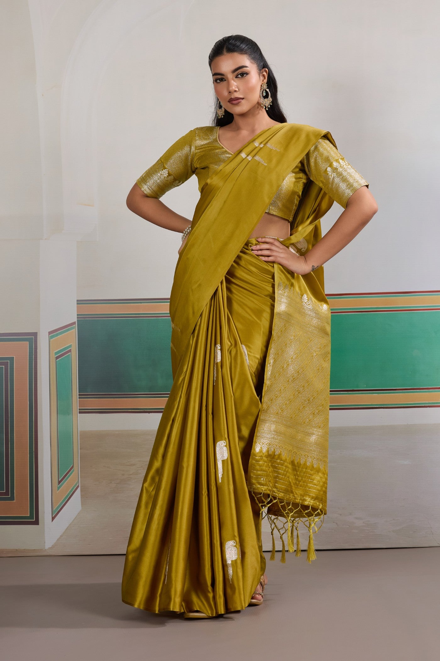 Buy MySilkLove Olive Green Handloom Satin Soft Silk Saree Online