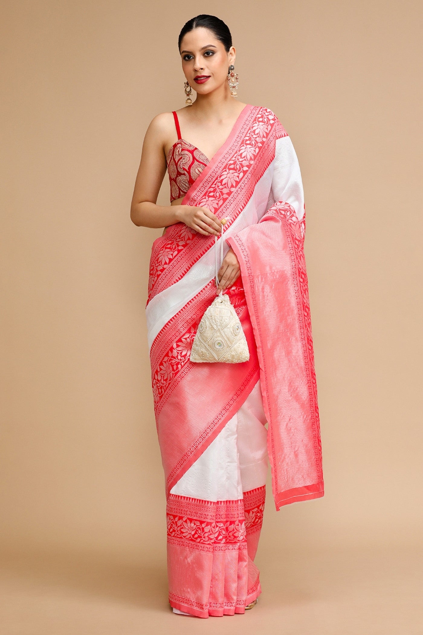 Buy MySilkLove Snow White and Pink Woven Jacquard Lichi Silk Saree Online