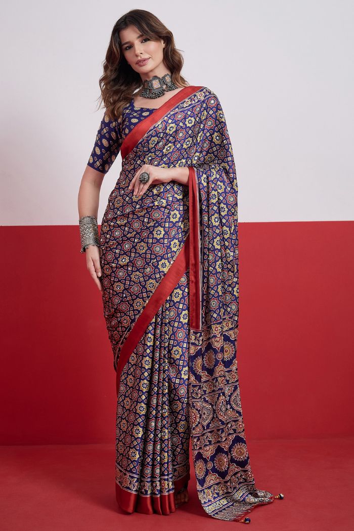 Buy MySilkLove Azure Blue Modal Ajrakh Satin Printed Mirror Work Saree Online
