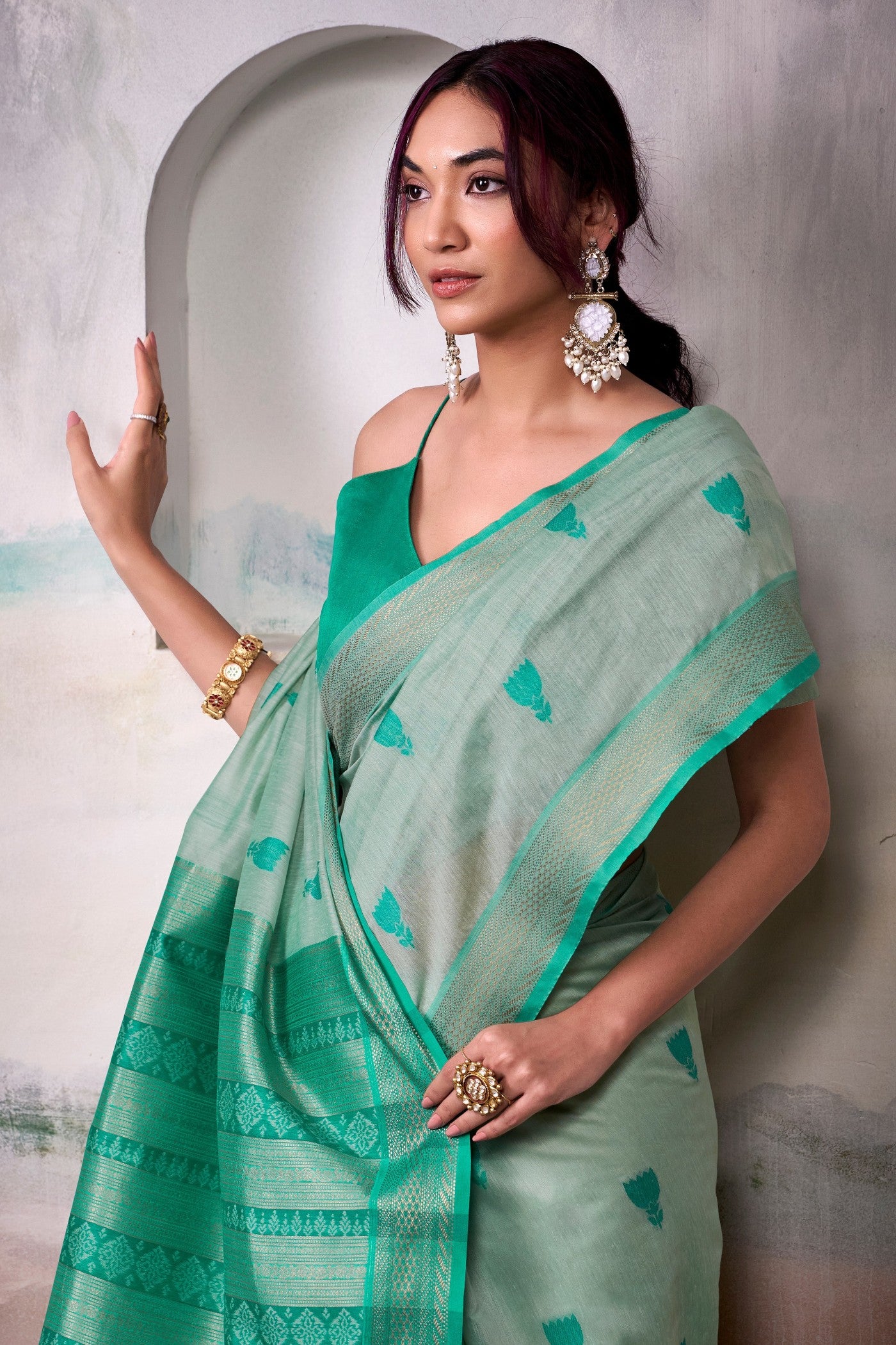 Buy MySilkLove Artichoke Green Woven Modal Cotton Saree Online