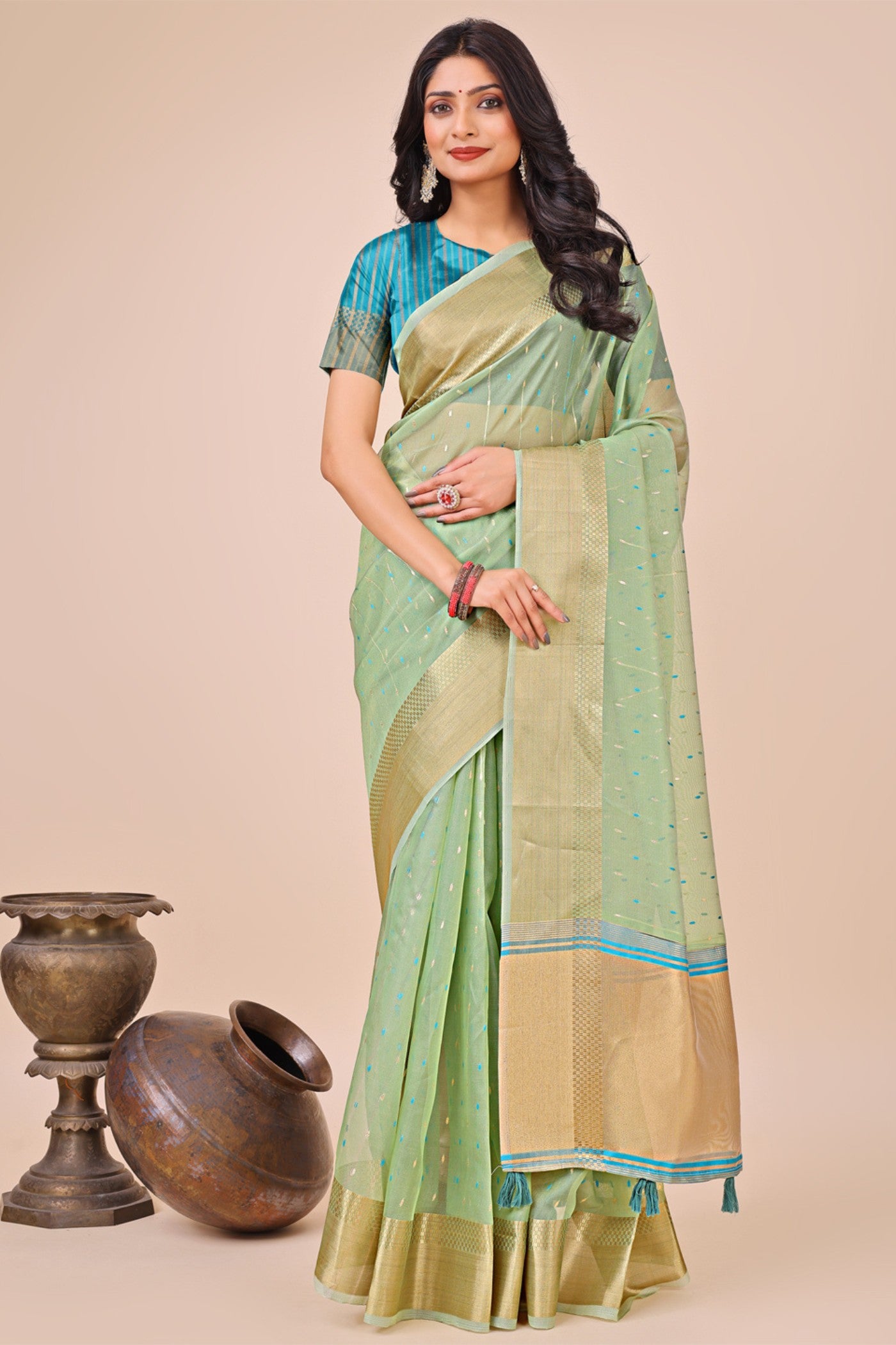 Buy MySilkLove Gin Green Woven Organza Saree Online