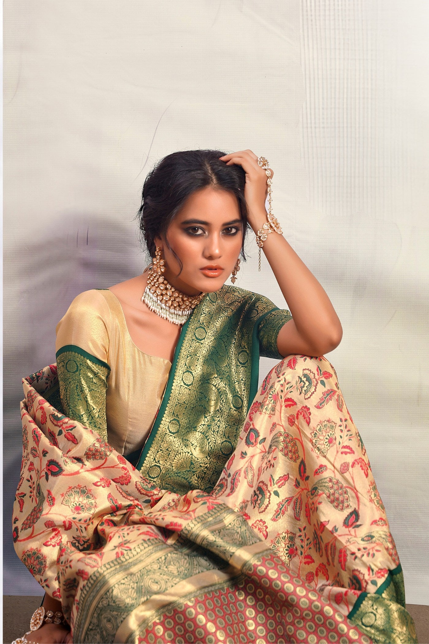 Buy MySilkLove Finlandia Green and Cream Woven Banarasi Saree Online