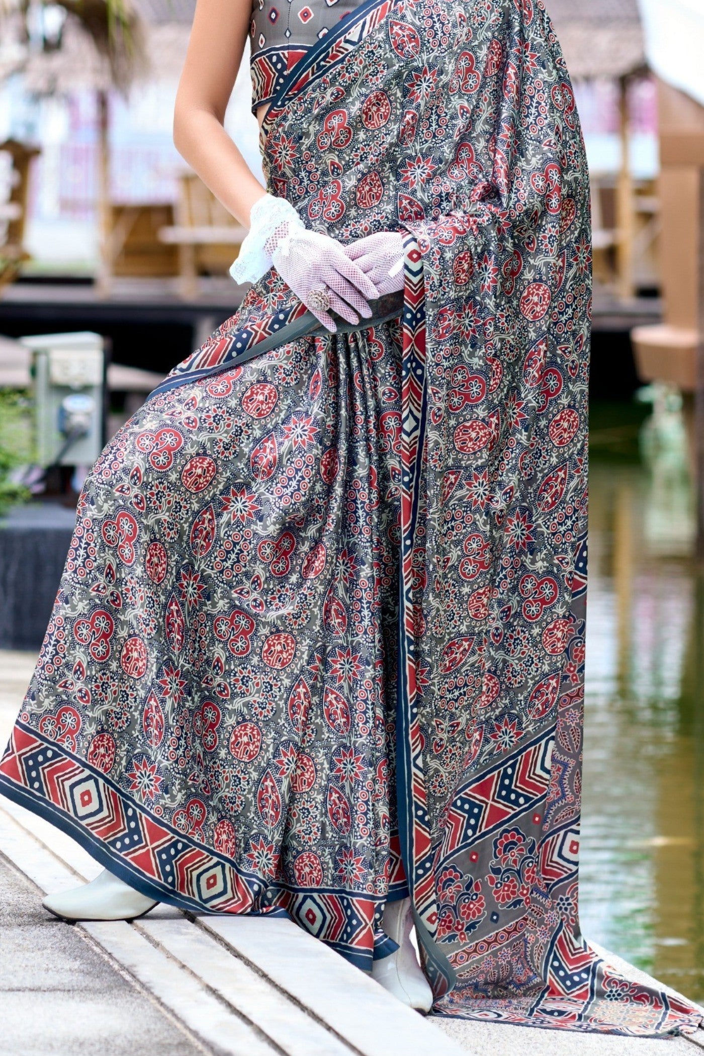 Buy MySilkLove Lava Grey Ajrakh Printed Satin Crepe Silk Saree Online