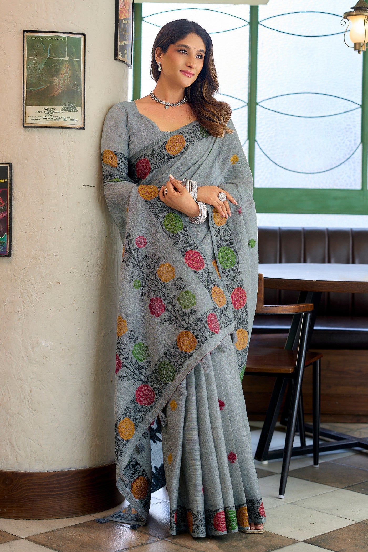 Buy MySilkLove Arsenic Grey Floral Handloom Linen Saree Online