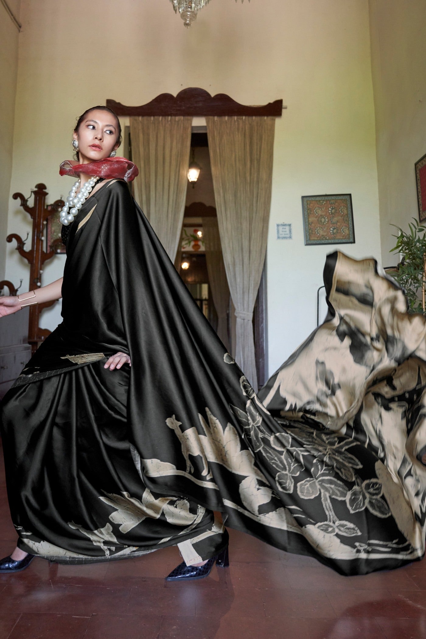 MySilkLove Soot Black Printed Satin Crepe Silk Saree