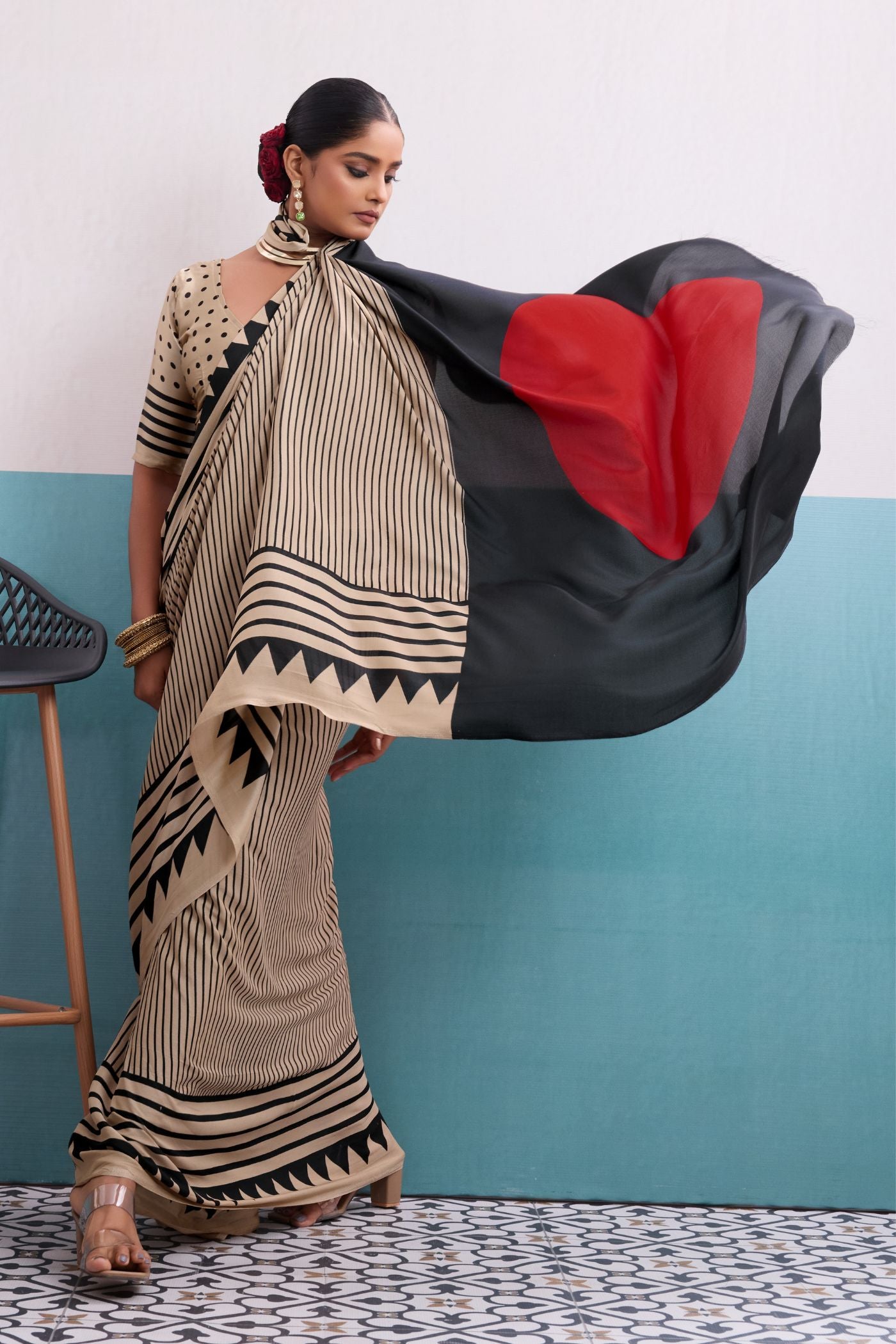 Buy MySilkLove Serenity Cream Stripe Ajrakh Printed Satin Crepe Silk Saree Online