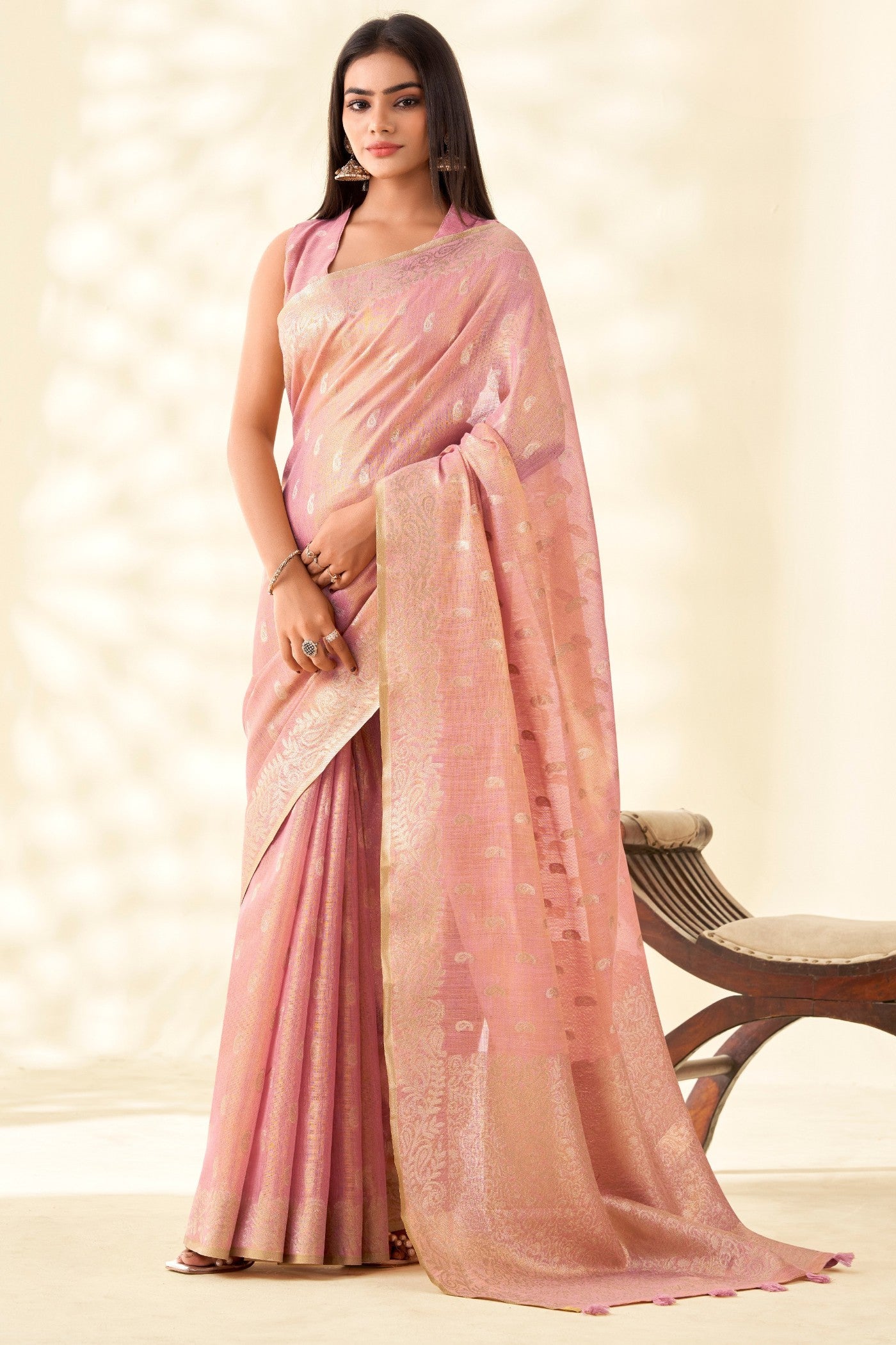 Buy MySilkLove Rose Pink Woven Tissue Linen Saree Online