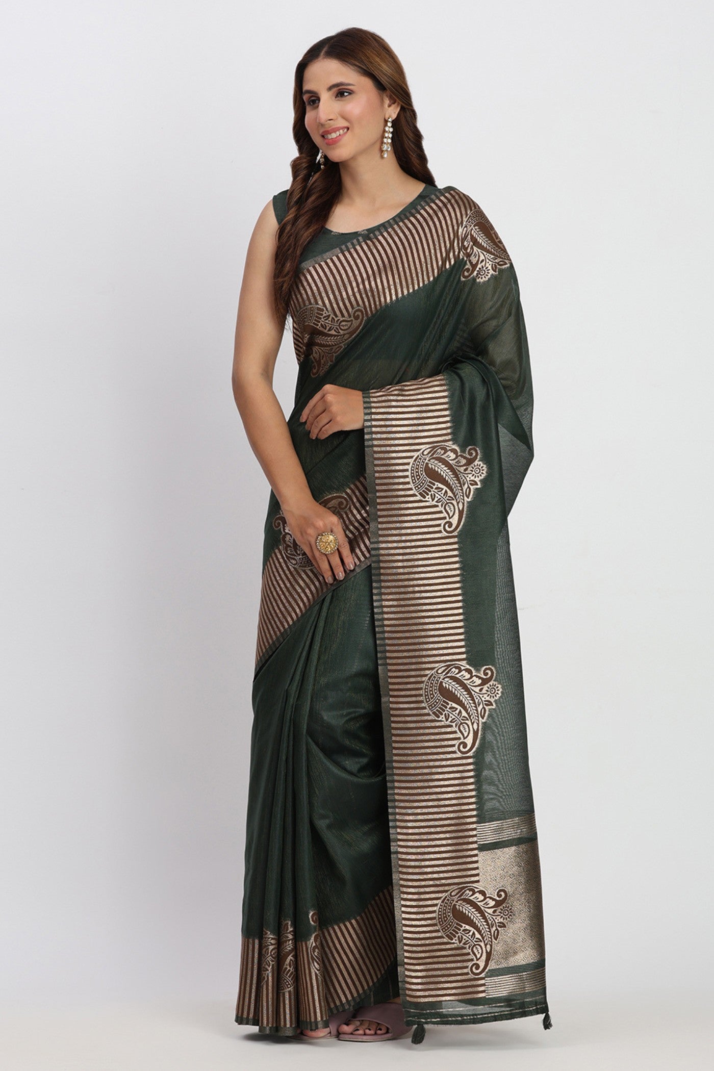 Buy MySilkLove Abbey Green Woven Linen Cotton Saree Online