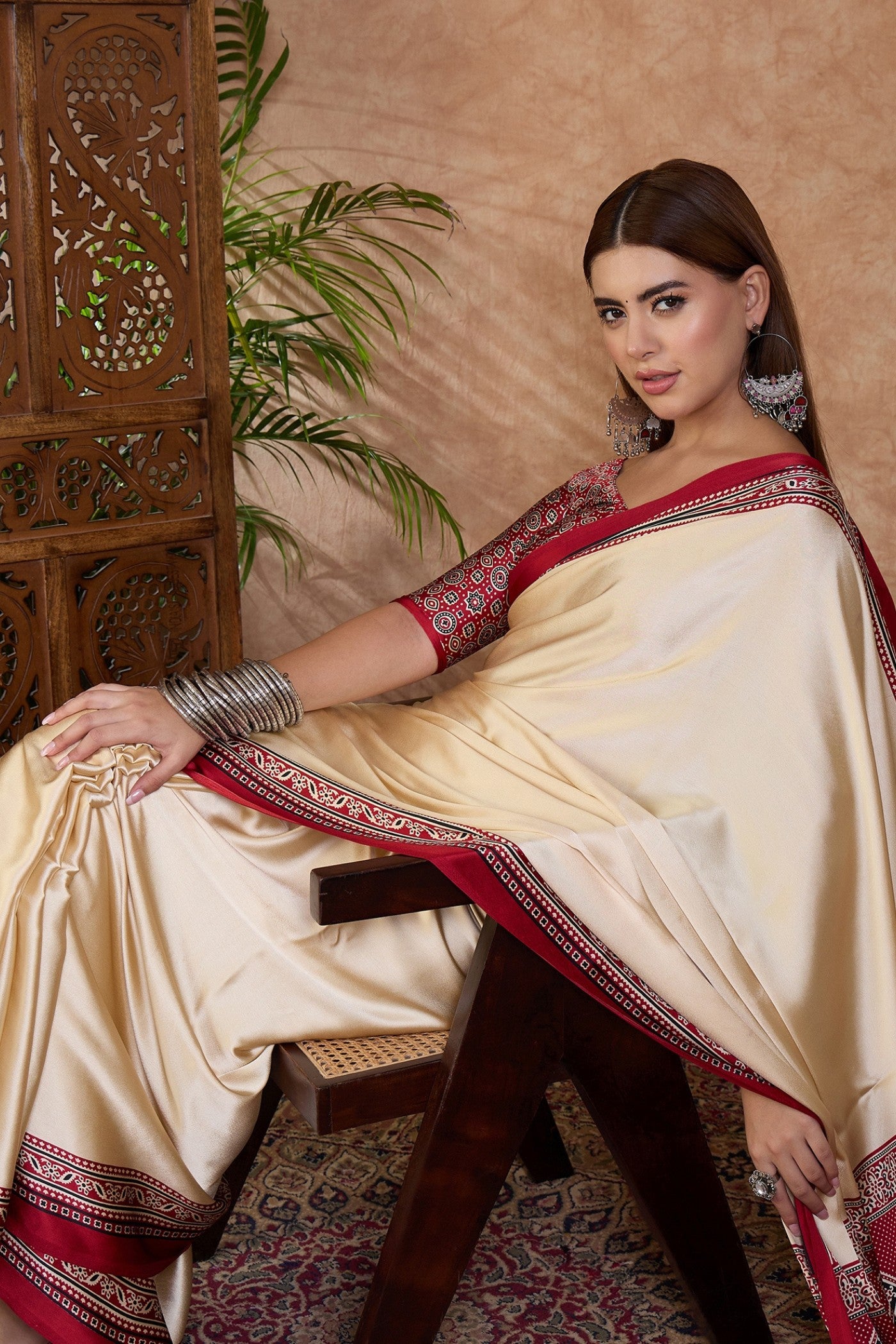 Buy MySilkLove Linen Cream and Red Ajrakh Printed Satin Crepe Silk Saree Online