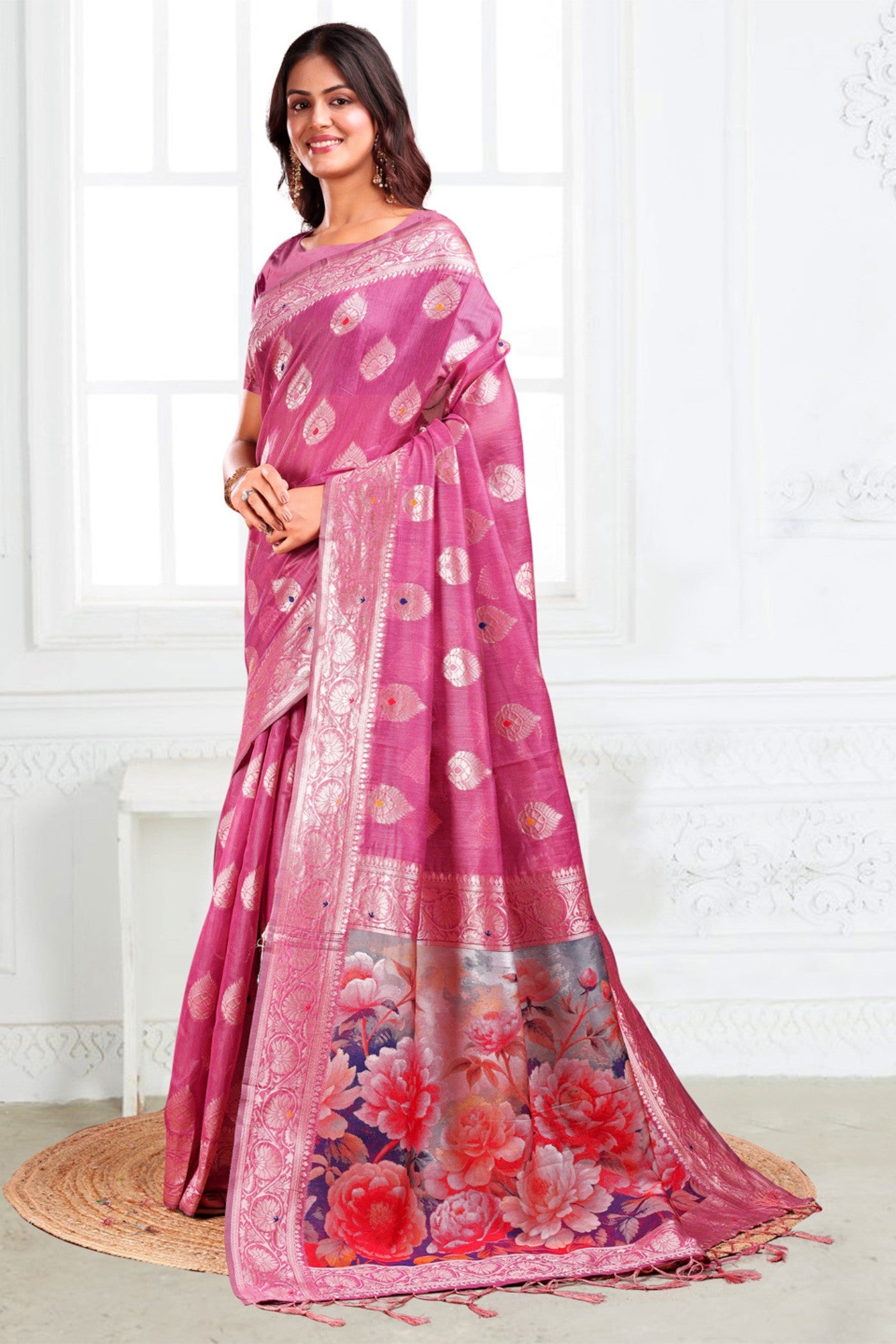 Buy MySilkLove Lotus Pink Woven Linen Cotton Saree Online