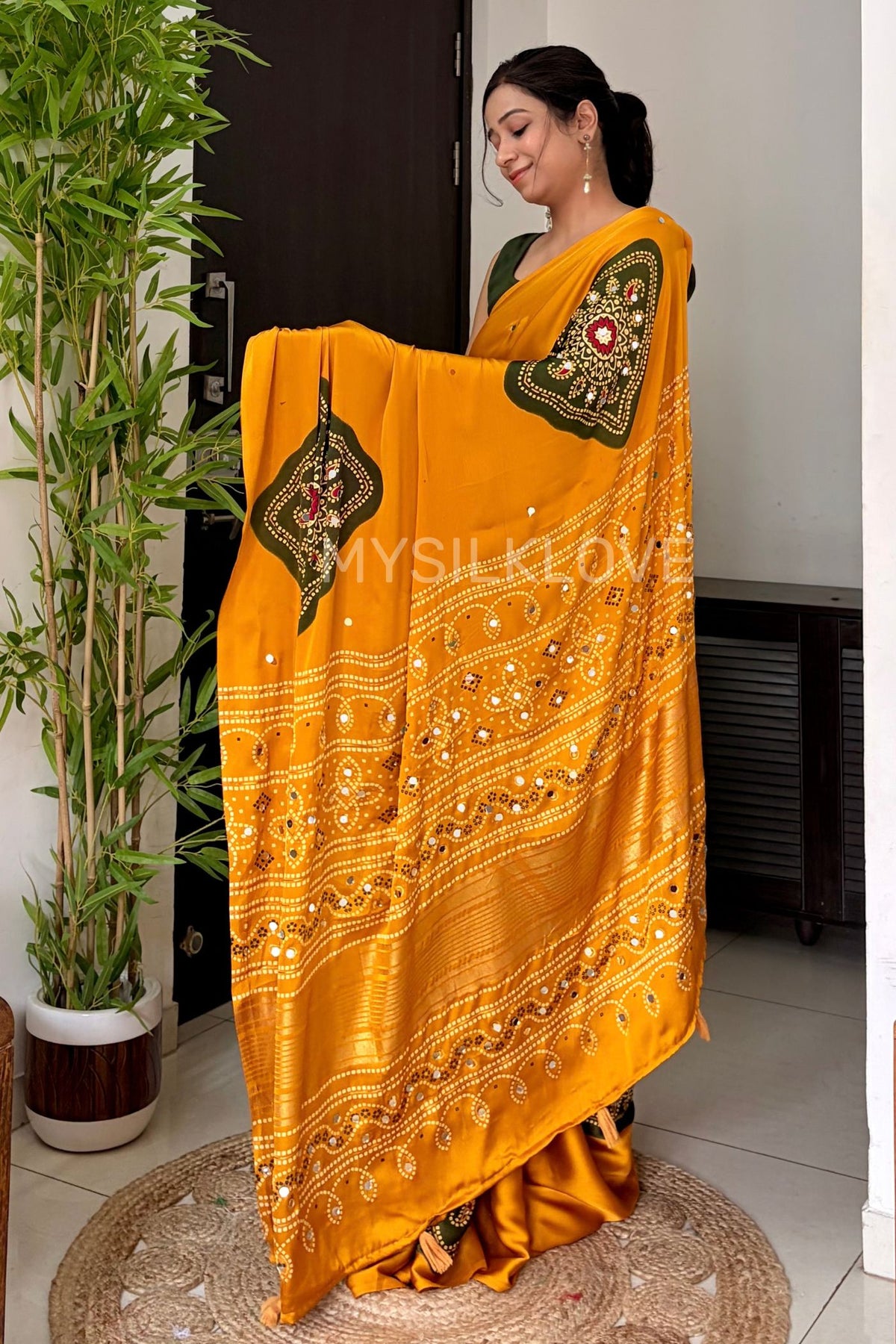 Buy MySilkLove Canary Yellow Satin Printed Bandhani Mirror Work Saree Online