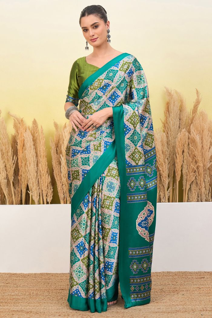 Buy MySilkLove Turquoise Blue Patola Printed Satin Crepe Silk Saree Online