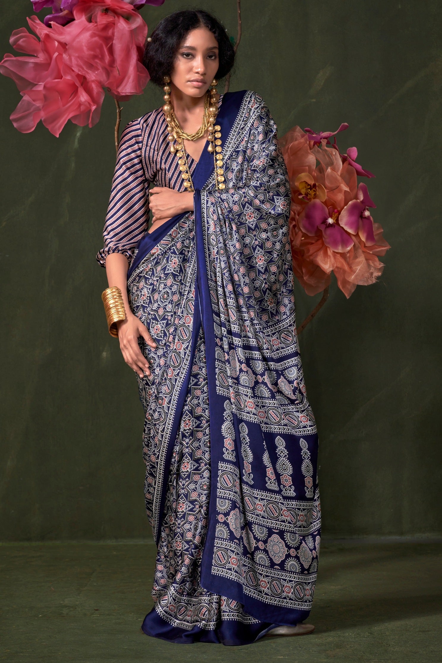 Buy MySilkLove Dodger Blue Ajrakh Printed Satin Crepe Silk Saree Online