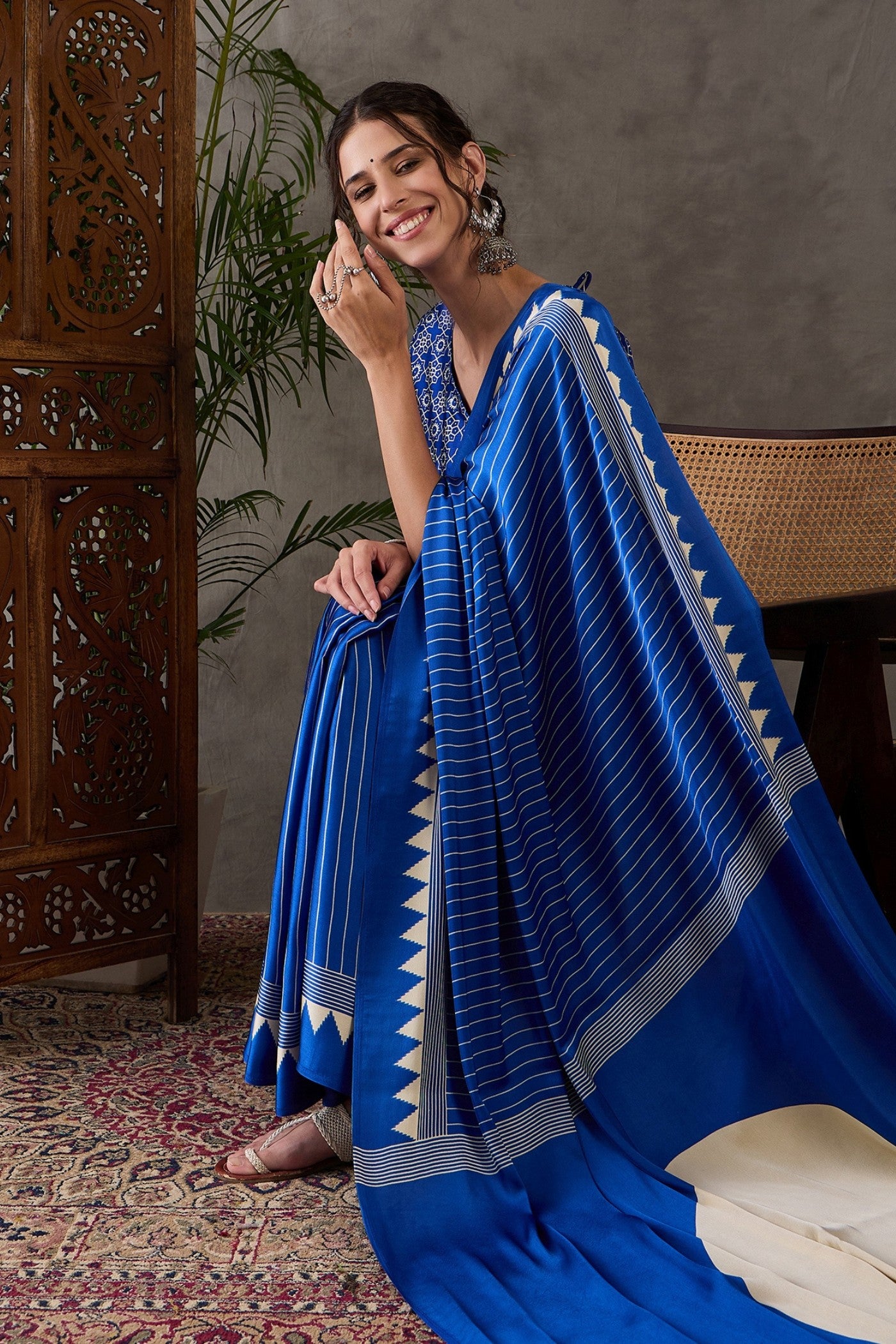 Buy MySilkLove Bondi Blue Printed Satin Gaji Silk Saree Online