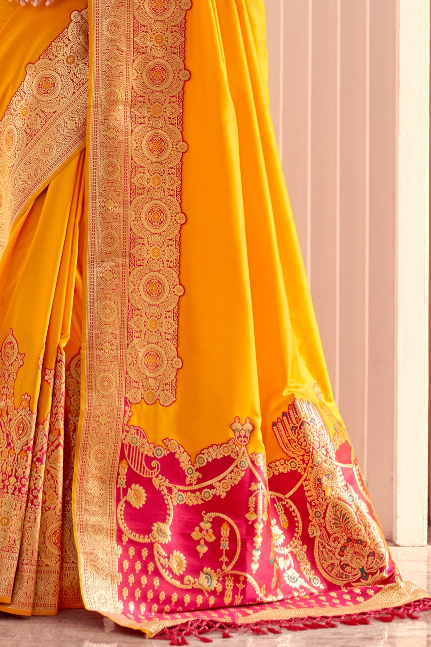 Buy MySilkLove Daisy Yellow Woven Banarasi Soft Silk Saree Online