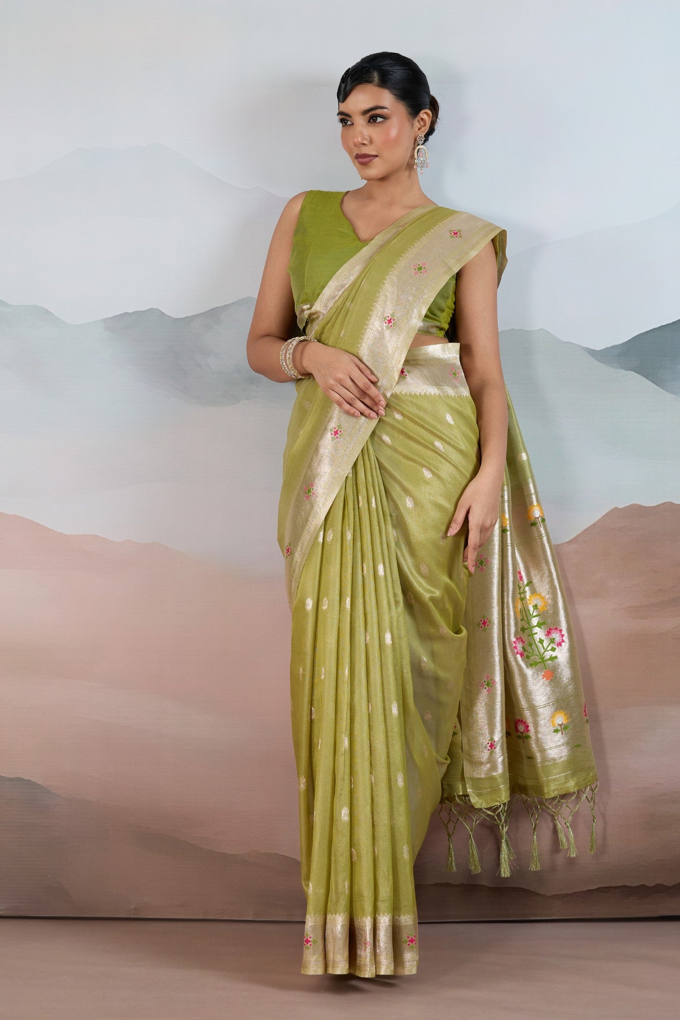 Buy MySilkLove Frosted Green Zari Woven Tissue Paithani Saree Online