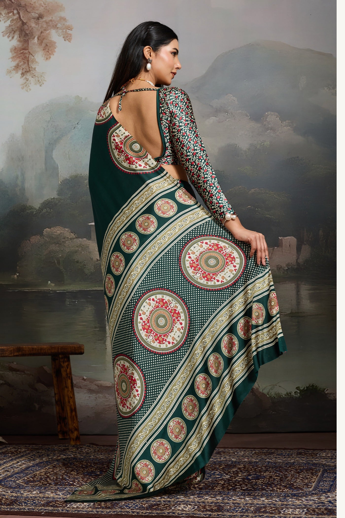 Buy MySilkLove Basil Green Modal Ajrakh Printed Silk Saree Online