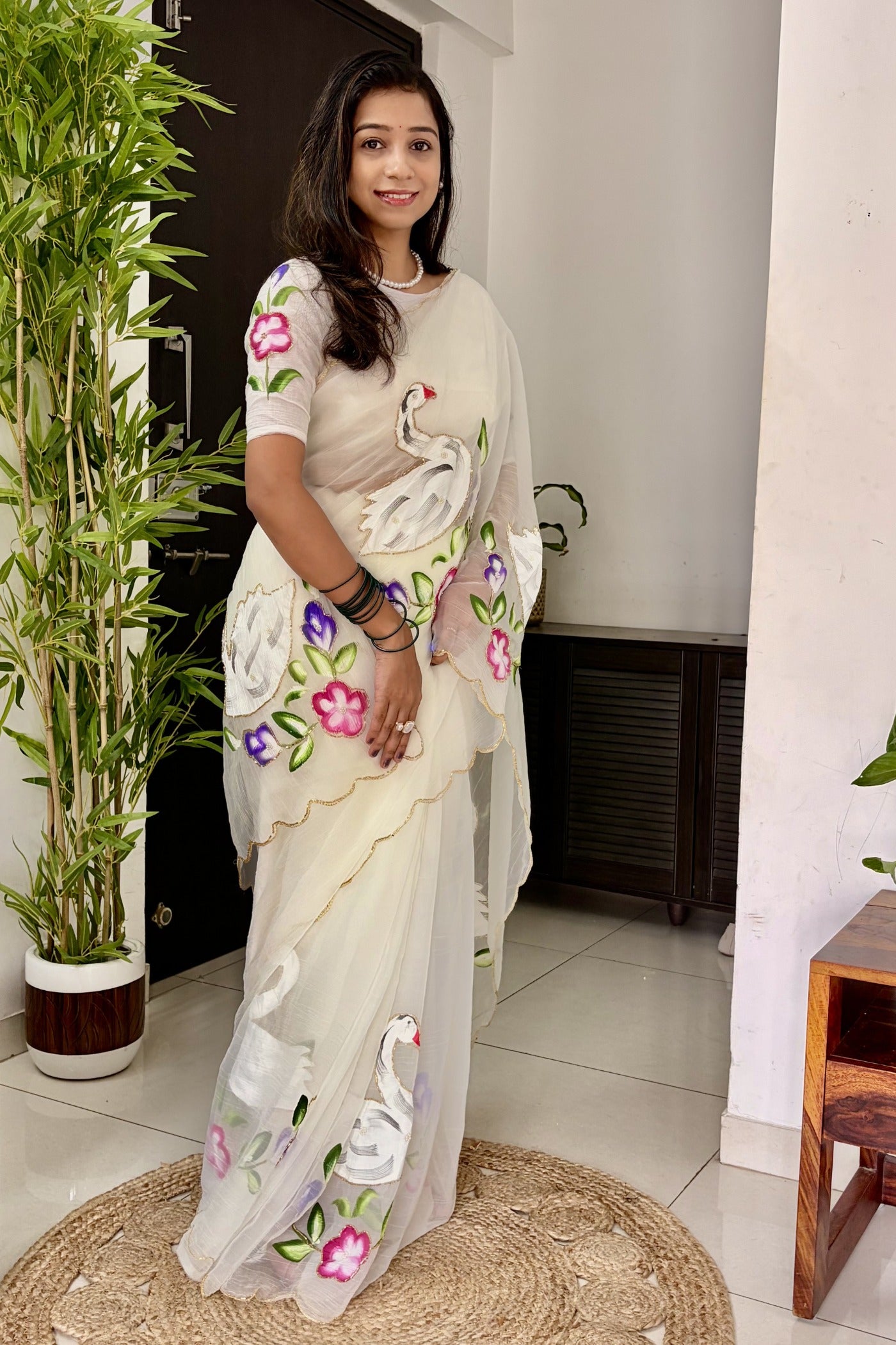 Buy MySilkLove Pearl White Organza Printed Floral Saree Online