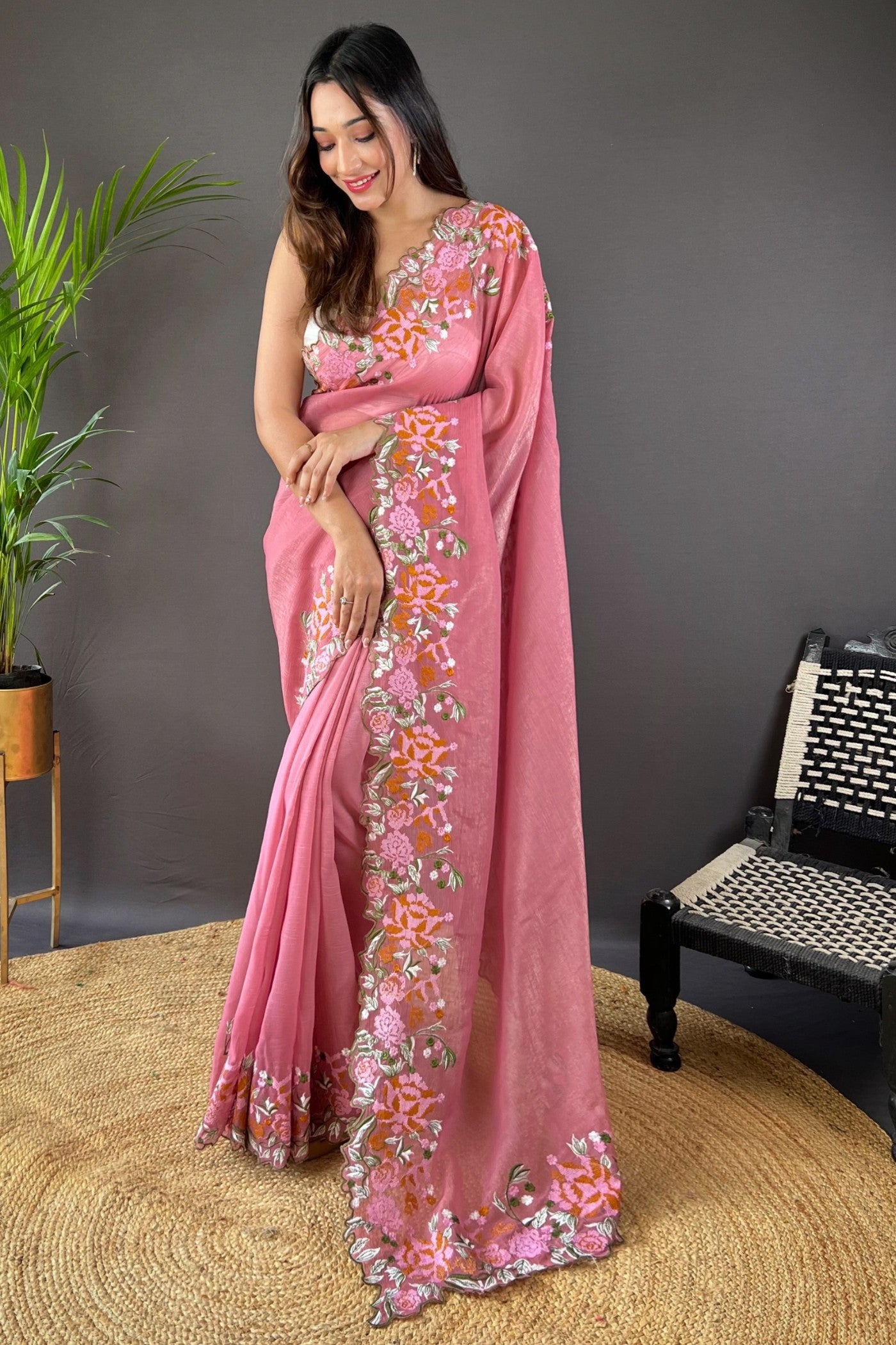 Pink Best Saree To Wear On Farewell Buy Neon Pink Embroidered