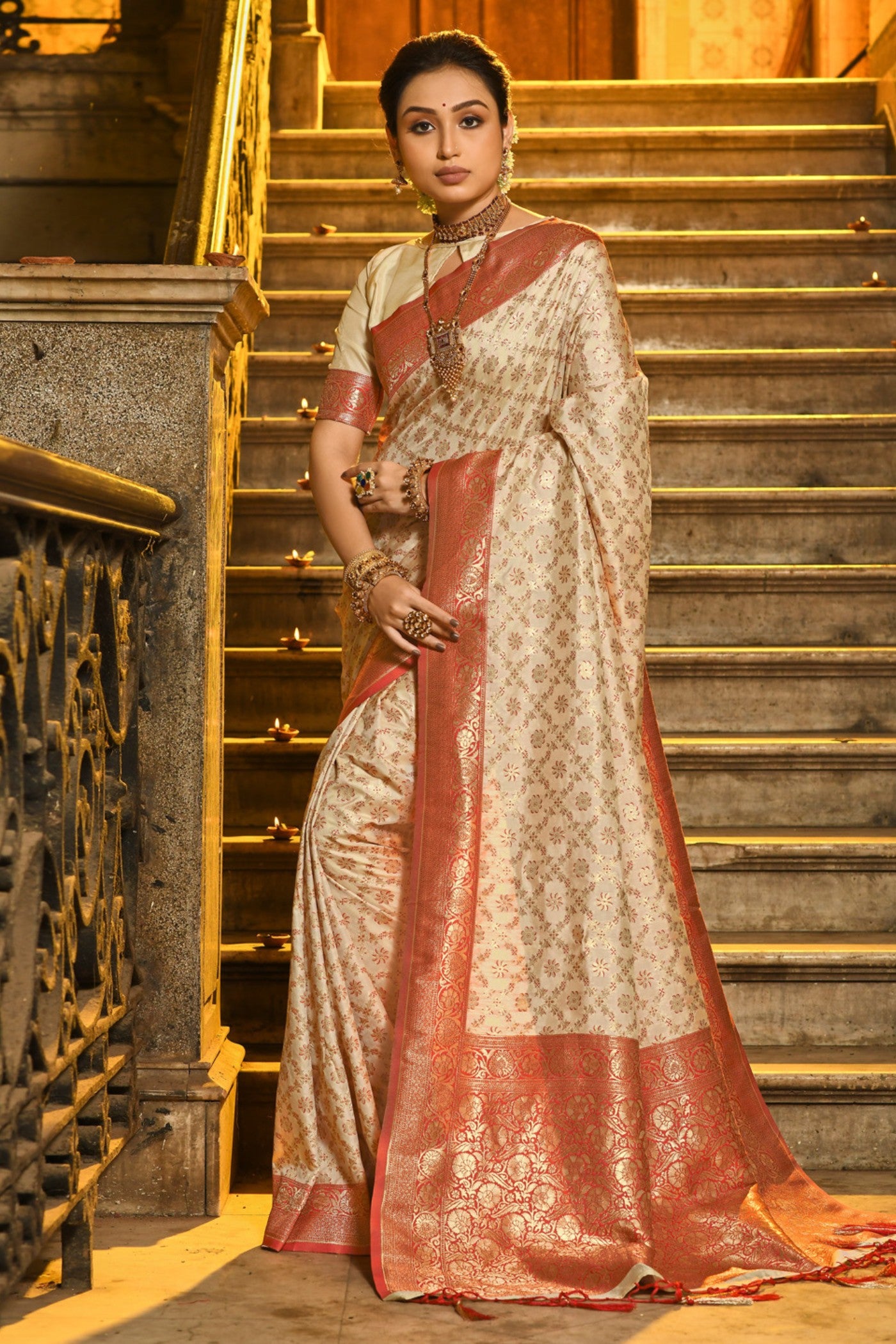 Buy MySilkLove Latte Cream Woven Banarasi Saree Online