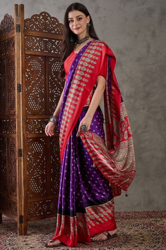 Buy MySilkLove Grape Purple and Red Ajrakh Printed Satin Gaji Silk Saree Online