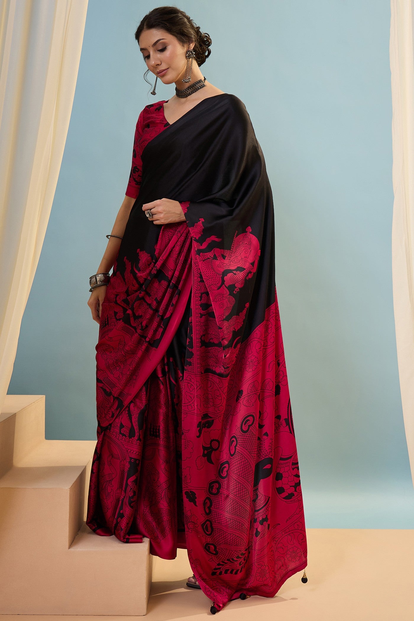 Buy MySilkLove Charleston Black Ajrakh Printed Satin Crepe Silk Saree Online