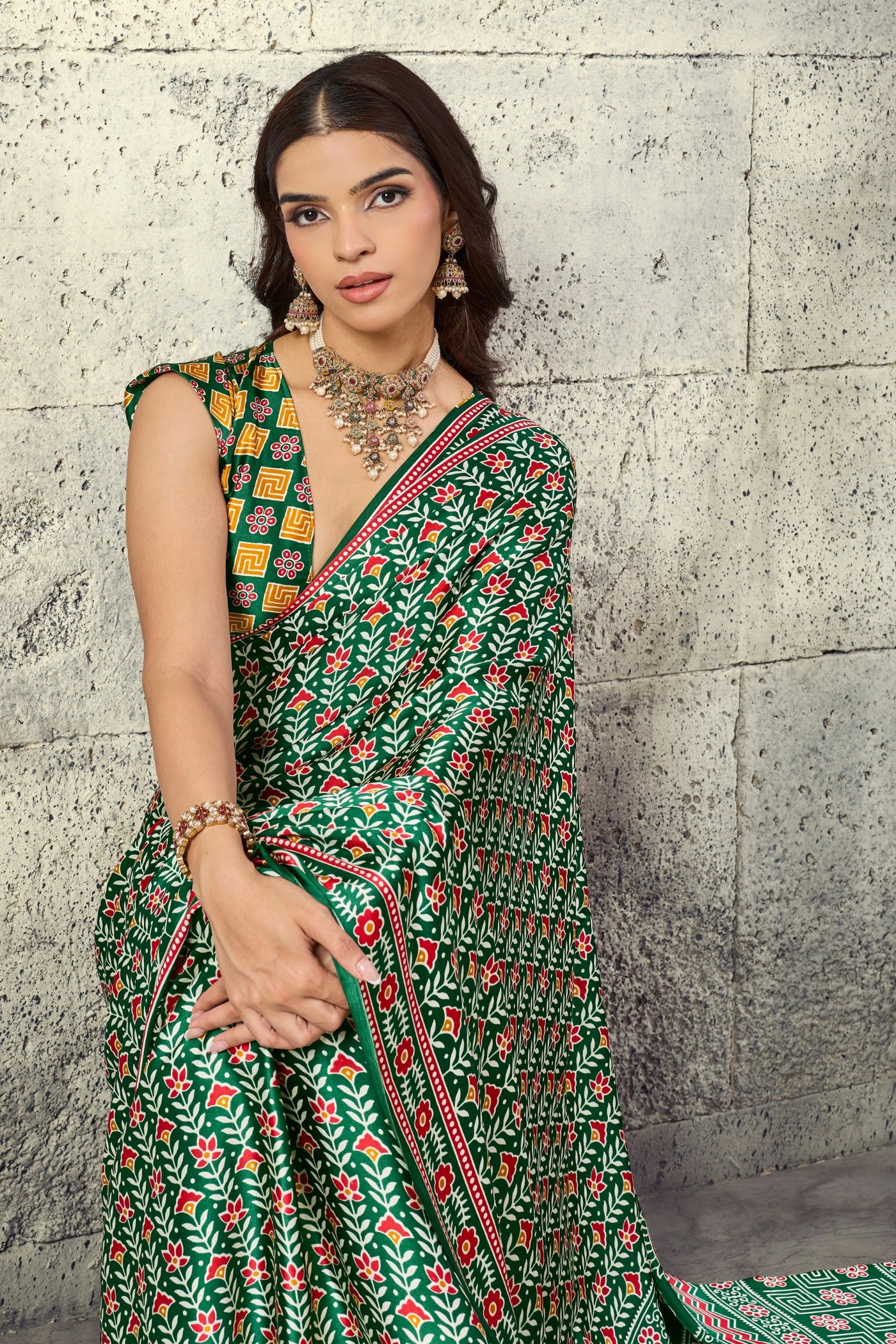 MySilkLove Myrtle Green Modal Ajrakh Satin Printed Silk Saree