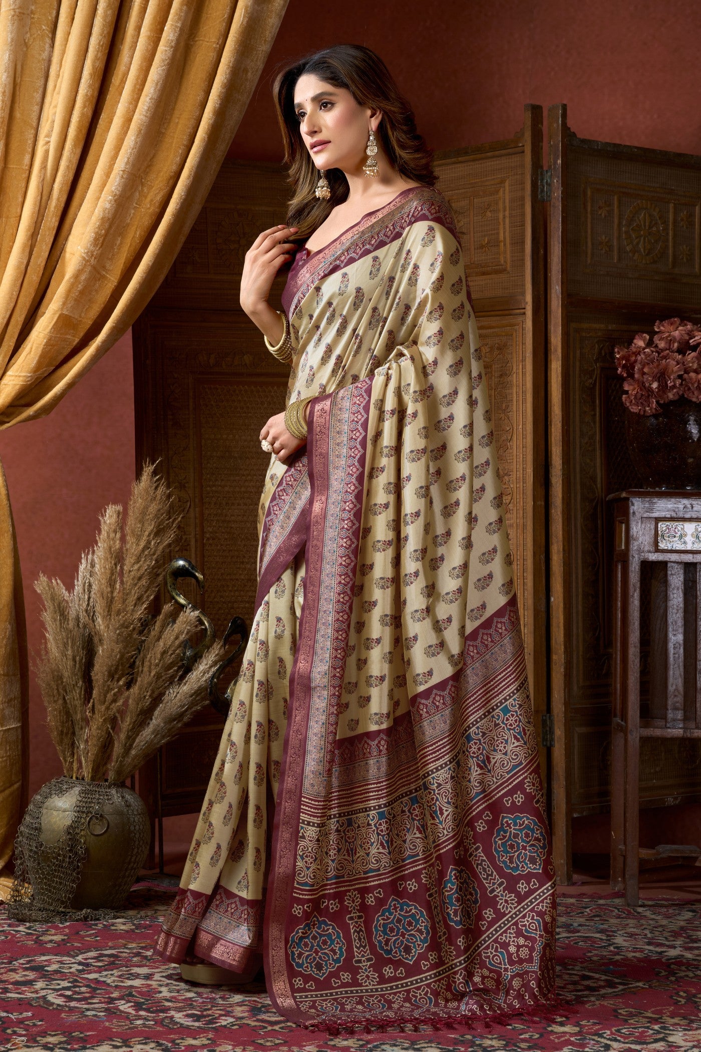 Buy MySilkLove Ancient Cream Ajrakh Printed Saree Online