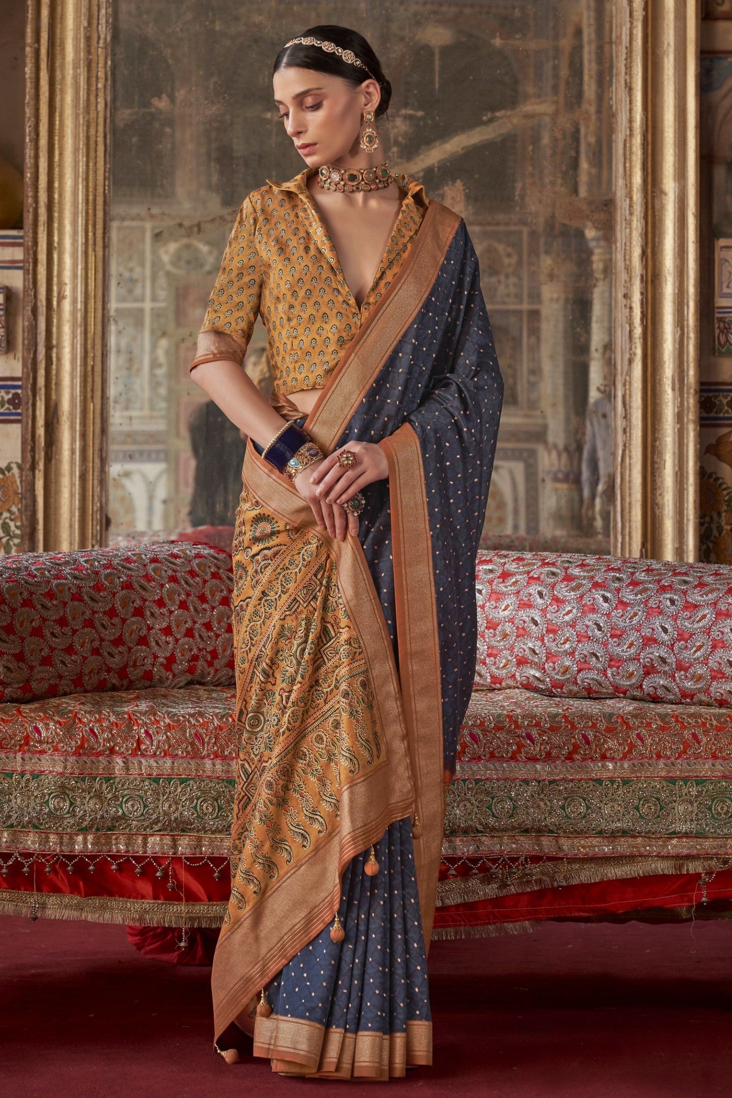 Buy MySilkLove Gun Powder Blue Printed Banarasi Saree Online