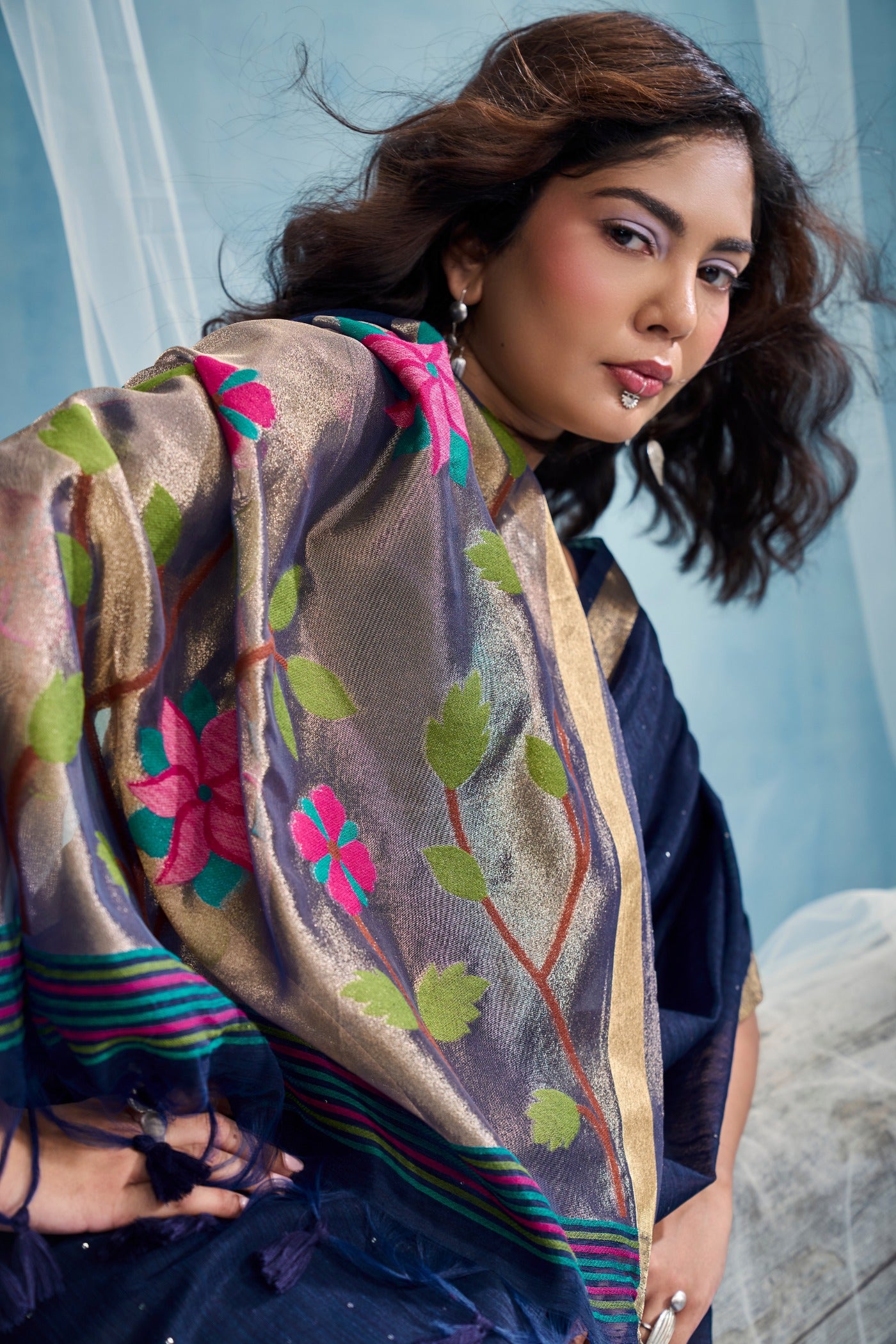Buy MySilkLove Monastral Blue Munga Handloom Tissue Pallu Saree Online