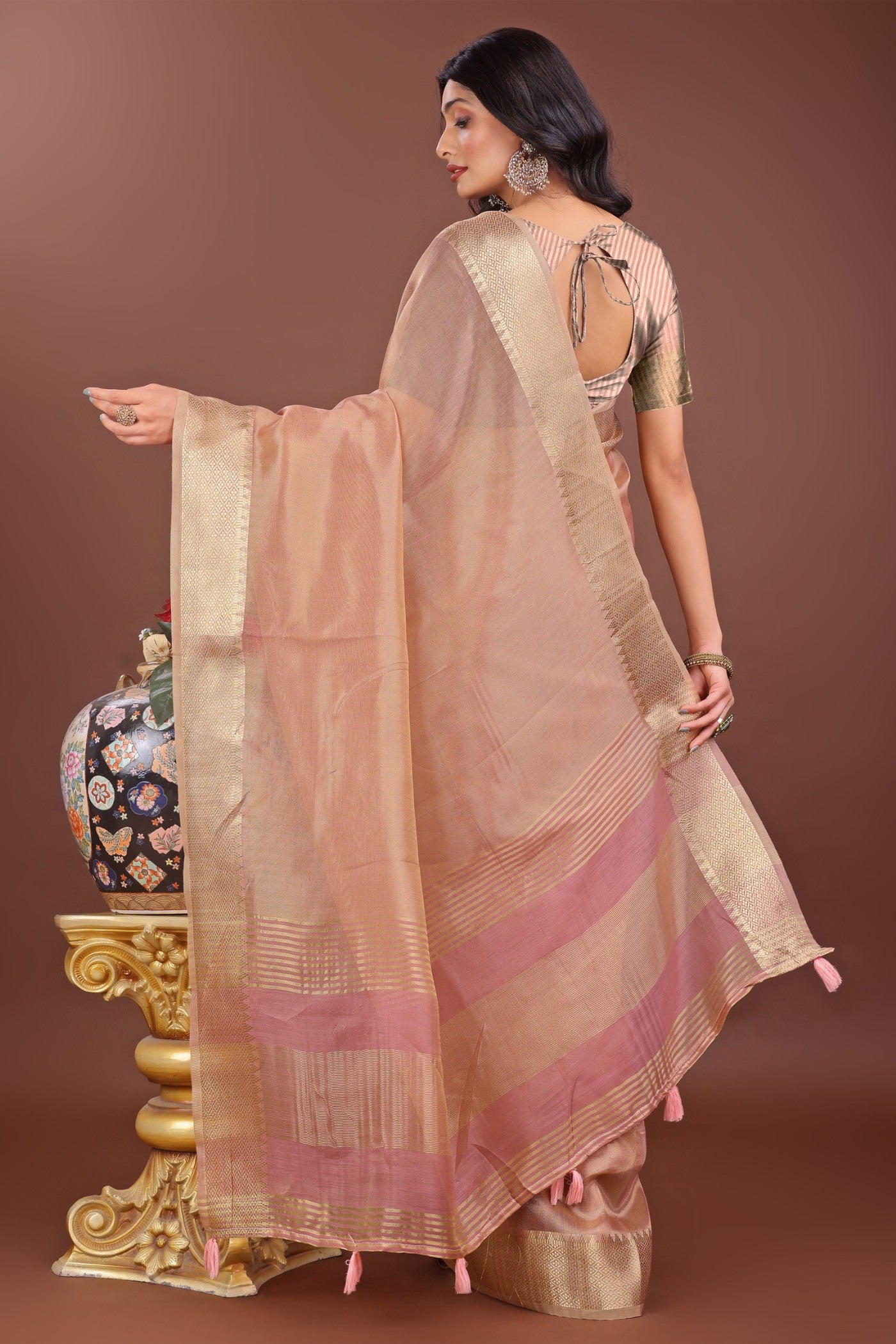 Buy MySilkLove Light Peach Woven Organza Saree Online