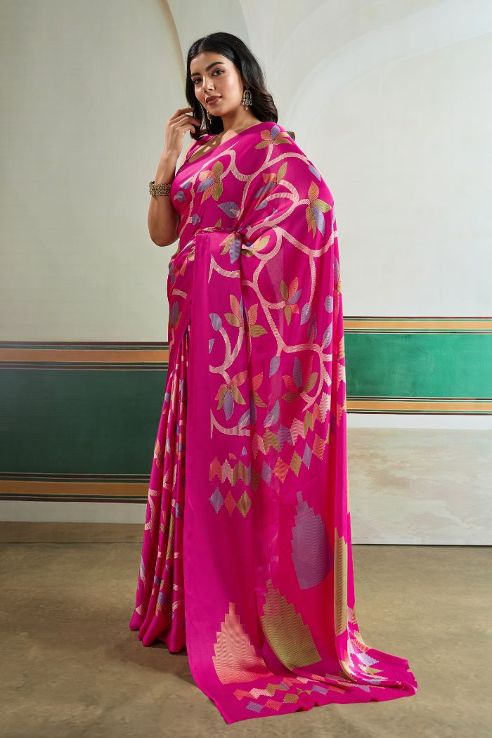 Buy MySilkLove Hibiscus Pink Modal Ajrakh Printed Satin Silk Saree Online