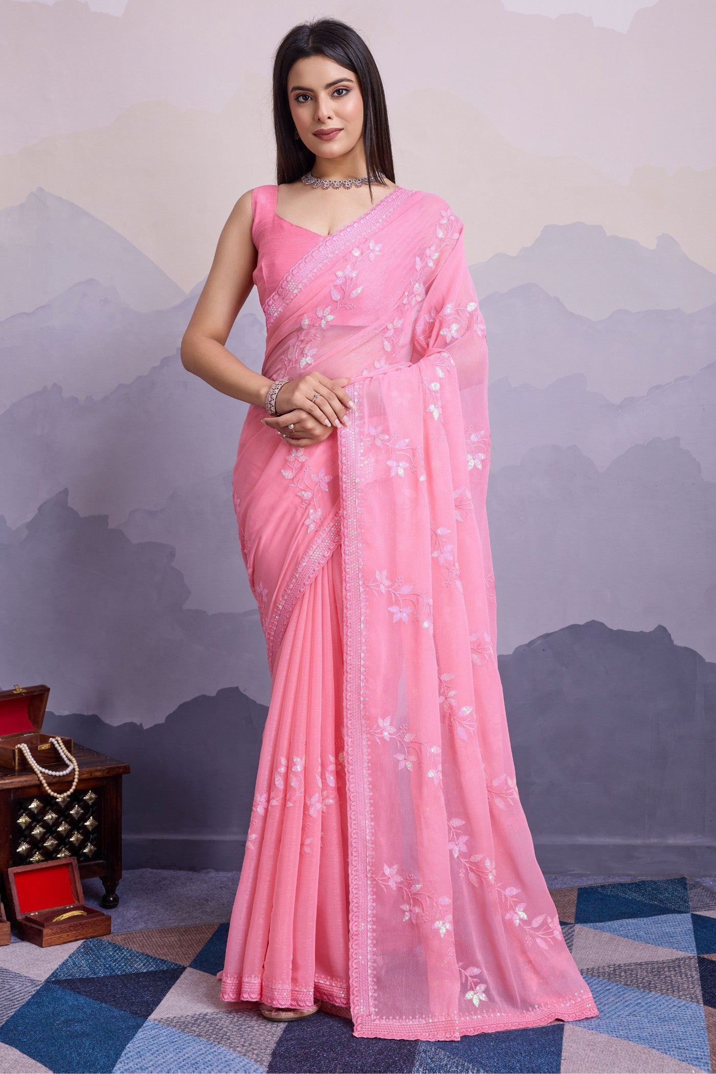 Buy Creamy Pink Embroidered Designer Chiffon Saree Online MySilkLove