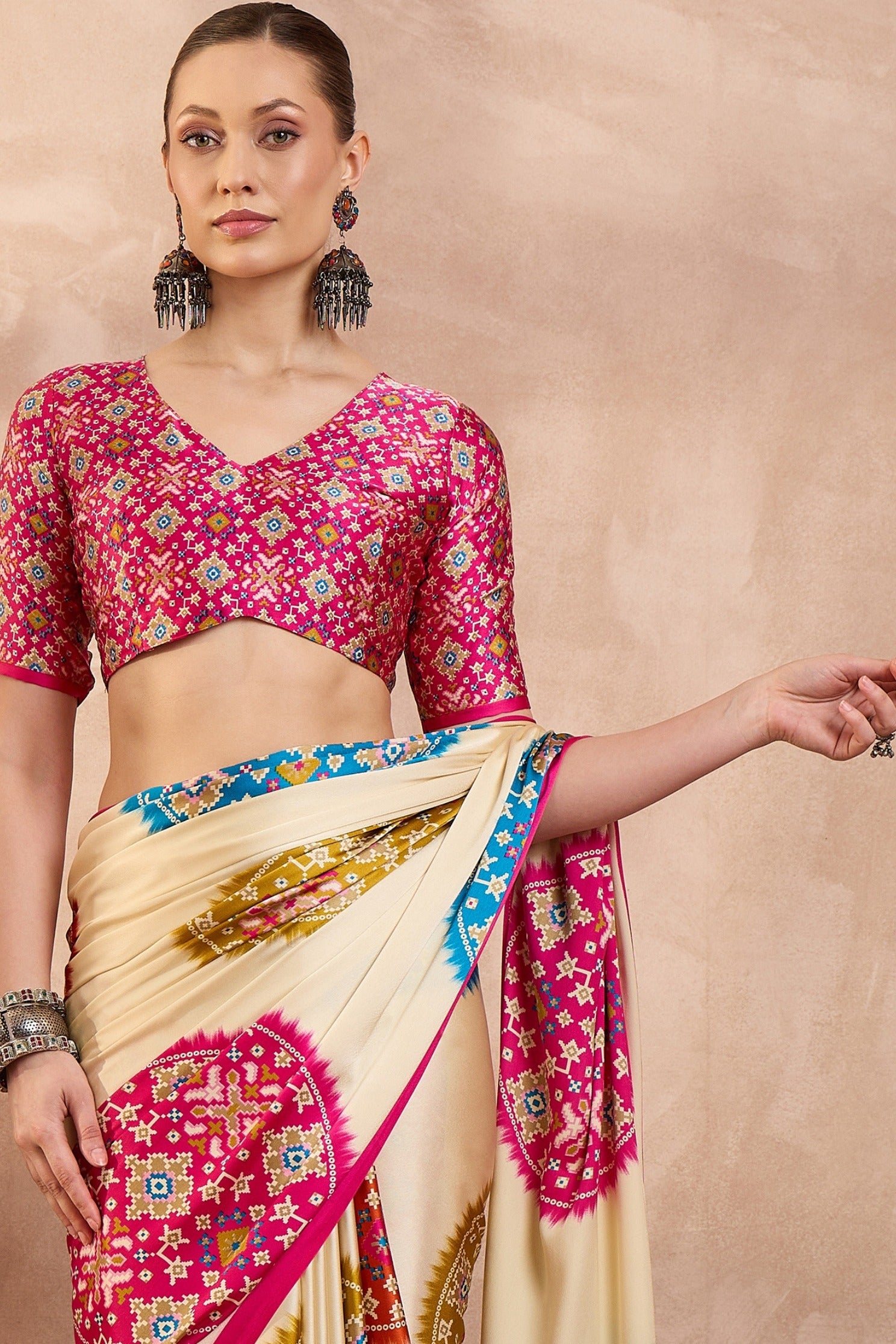 Buy MySilkLove Dutch Cream and Pink Modal Ajrakh Printed Silk Saree Online
